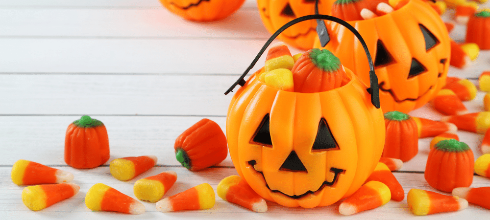 halloween candy in jack o' lantern buckets