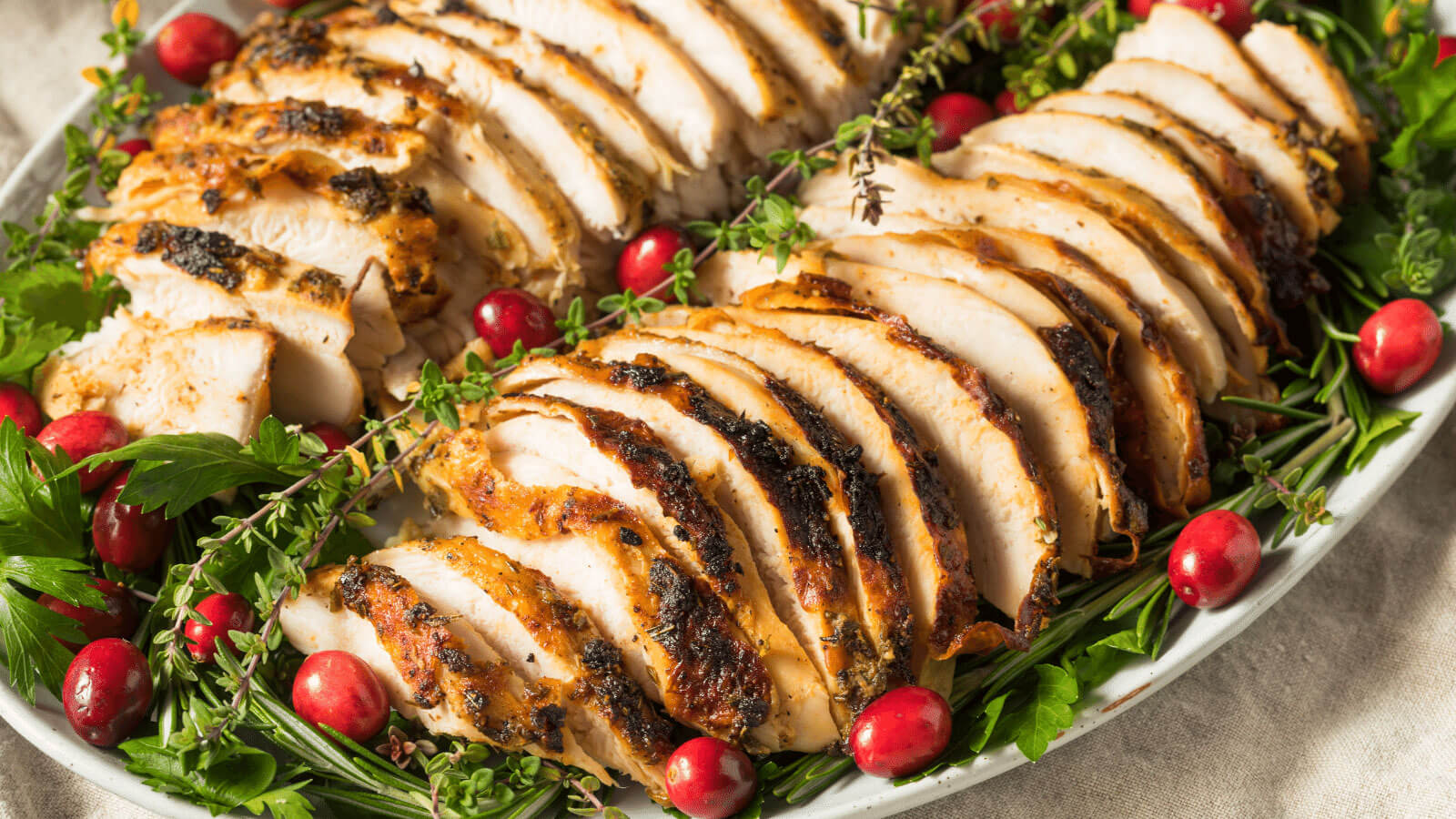 Platter of sliced turkey.