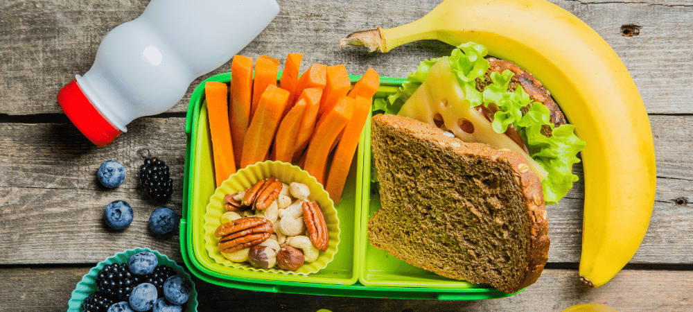 healthy school lunch box with sandwich, carrots, banana, blueberries, and milk