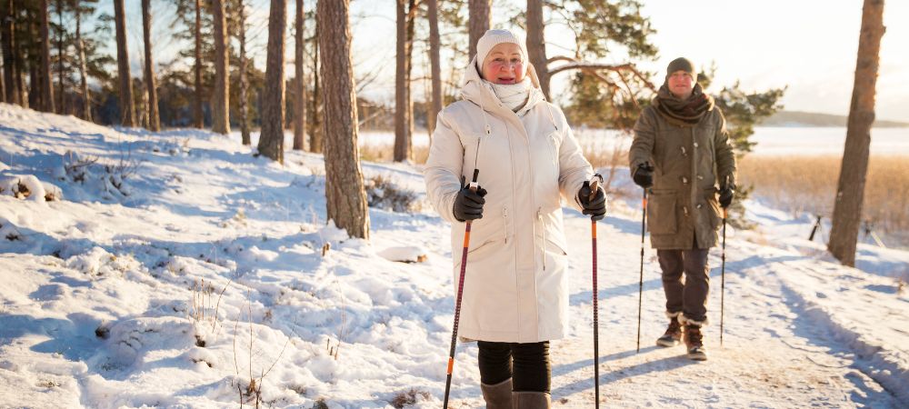 older adults walking snow