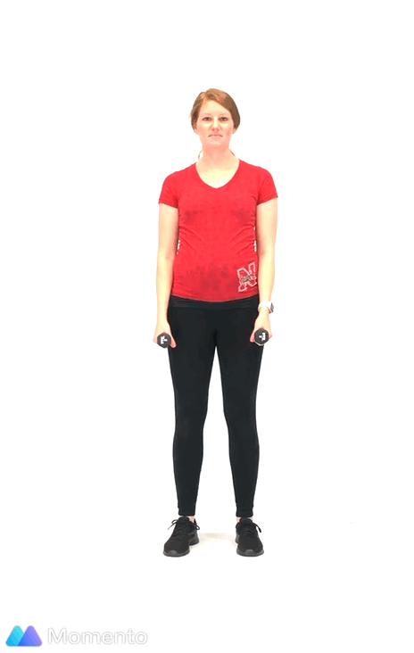 A pregnant women modeling how to do a bent-elbow lateral raise exercise.
