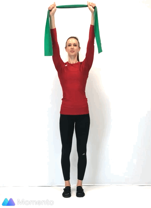 An individual modeling what a Lat Pull Down with a resistance band should look like.