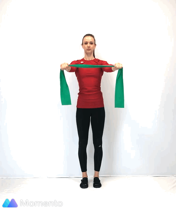 An individual modeling how to do a Reverse Fly workout with a resistance band.