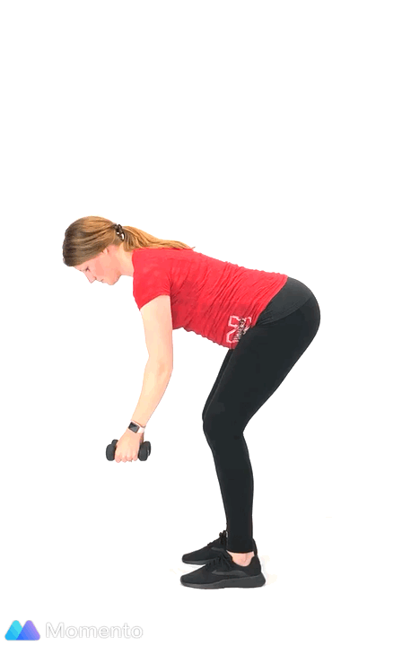 A pregnant women modeling how to do a reverse fly exercise.