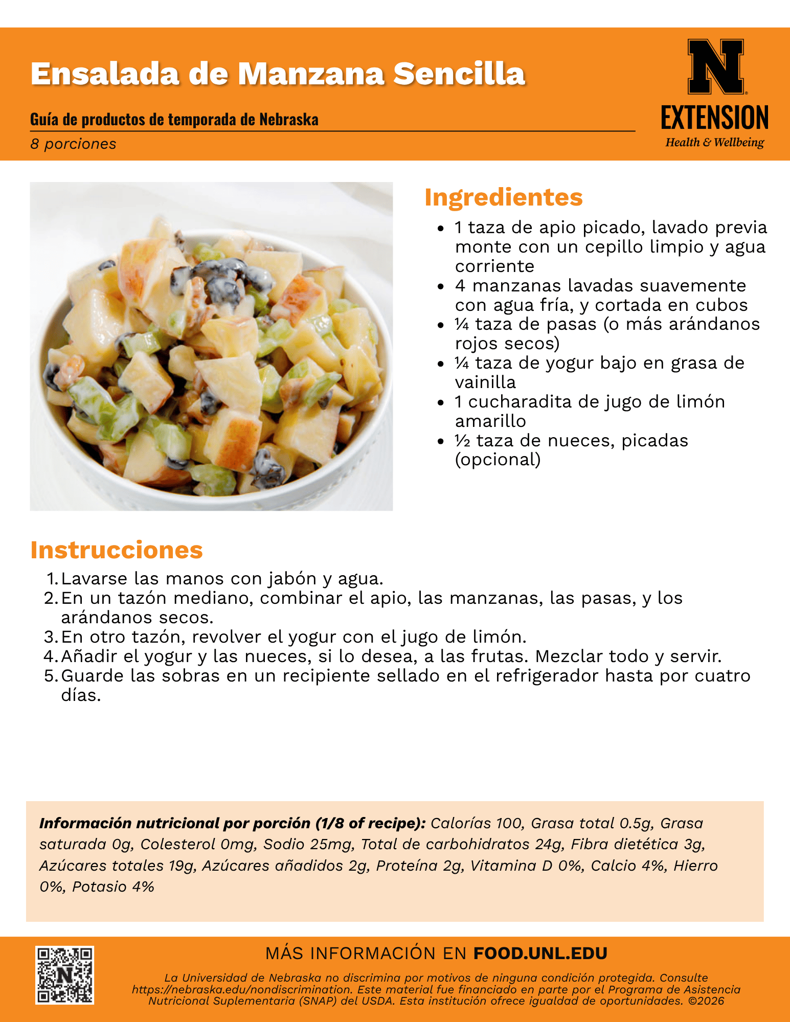 Easy Apple Salad Recipe Handout - Spanish