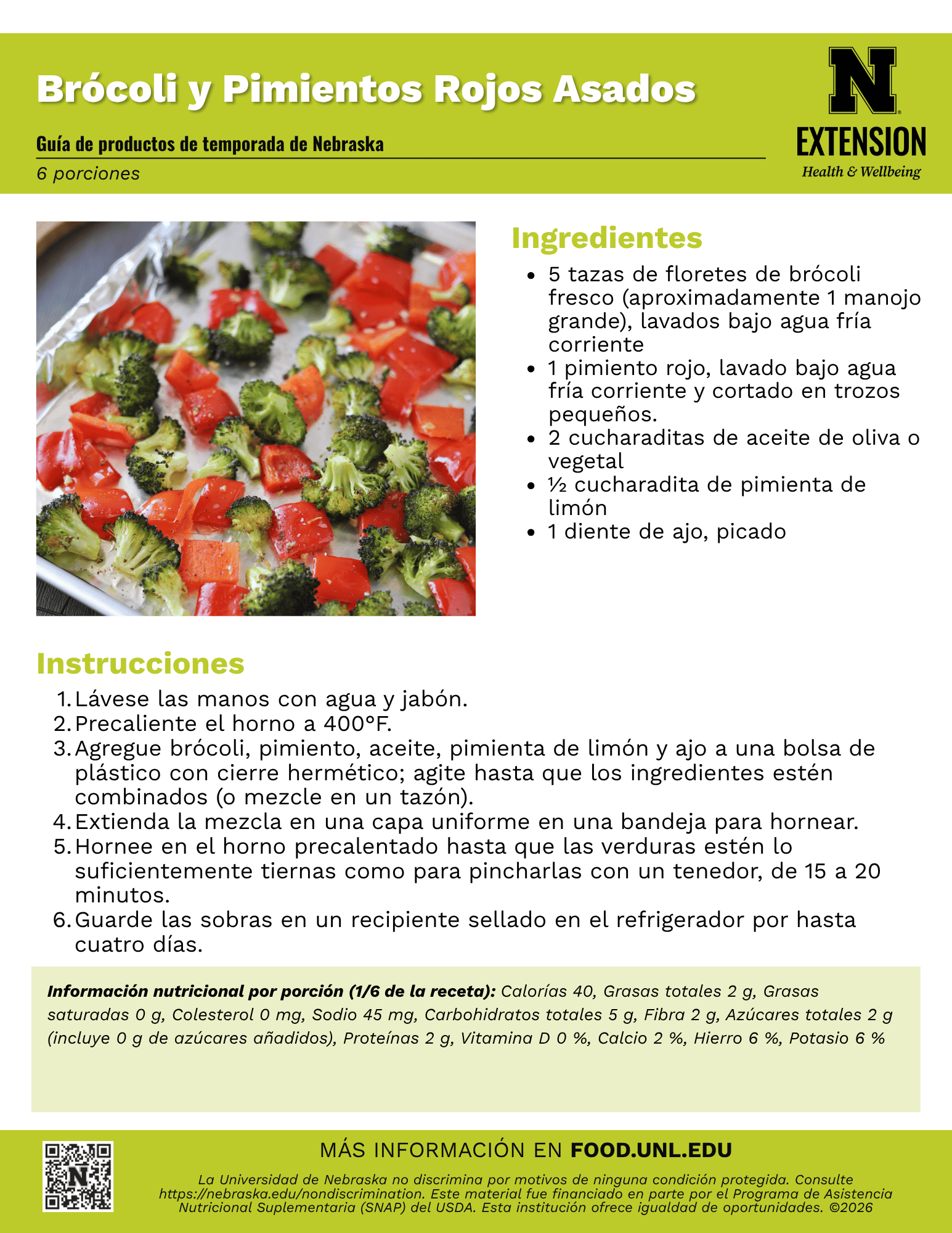Roasted Broccoli and Red Peppers Recipe Handout - Spanish