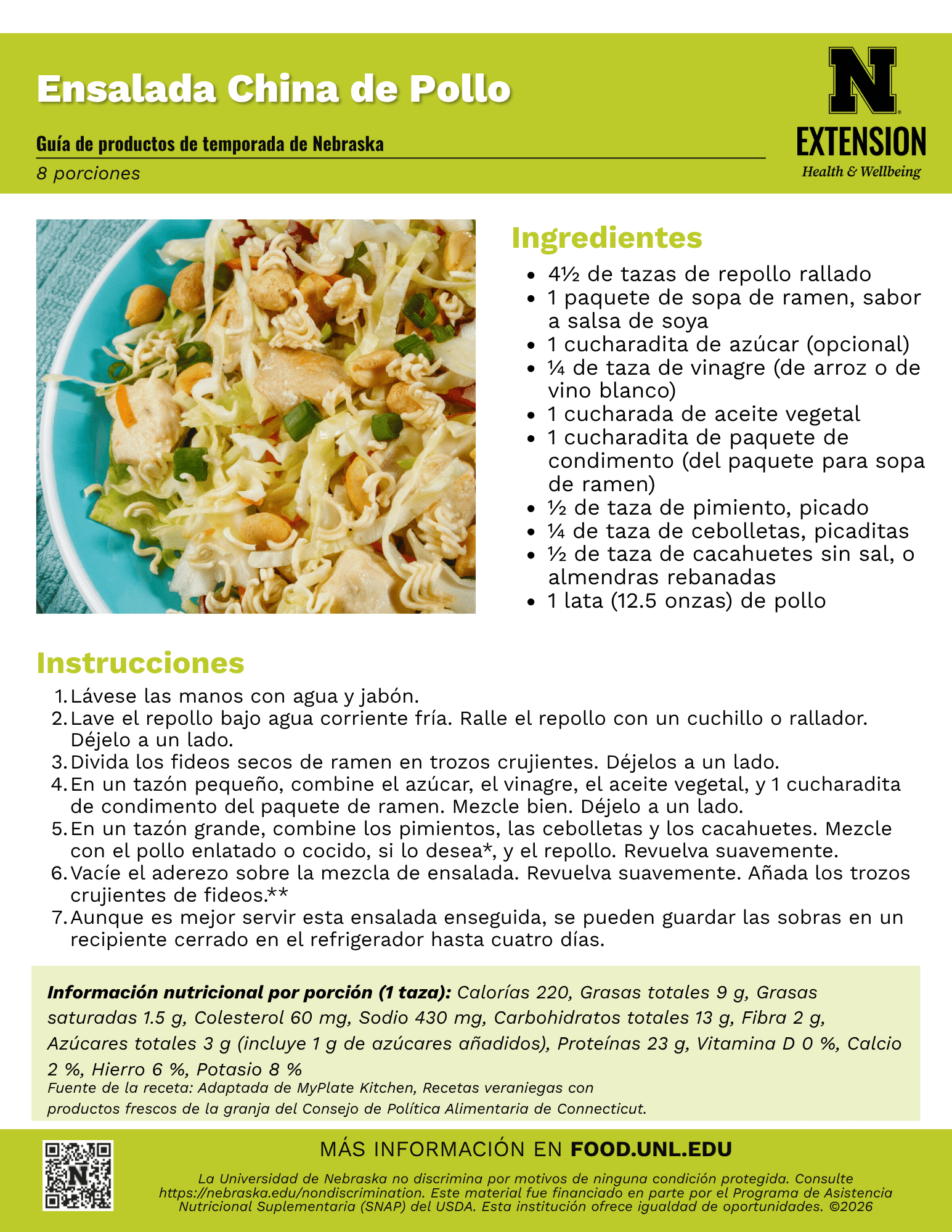 Chinese Chicken Salad Recipe Handout - Spanish