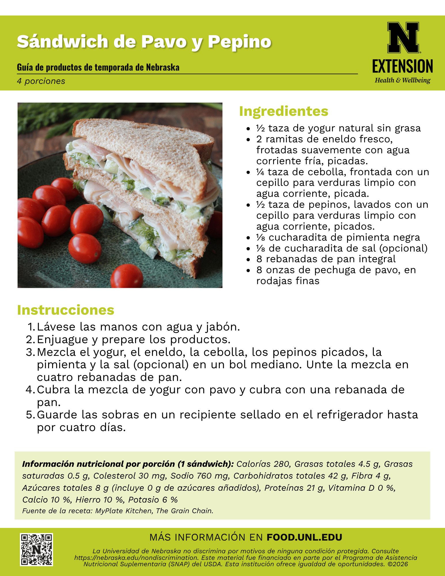 Turkey and Cucumber Sandwich Recipe Handout - Spanish