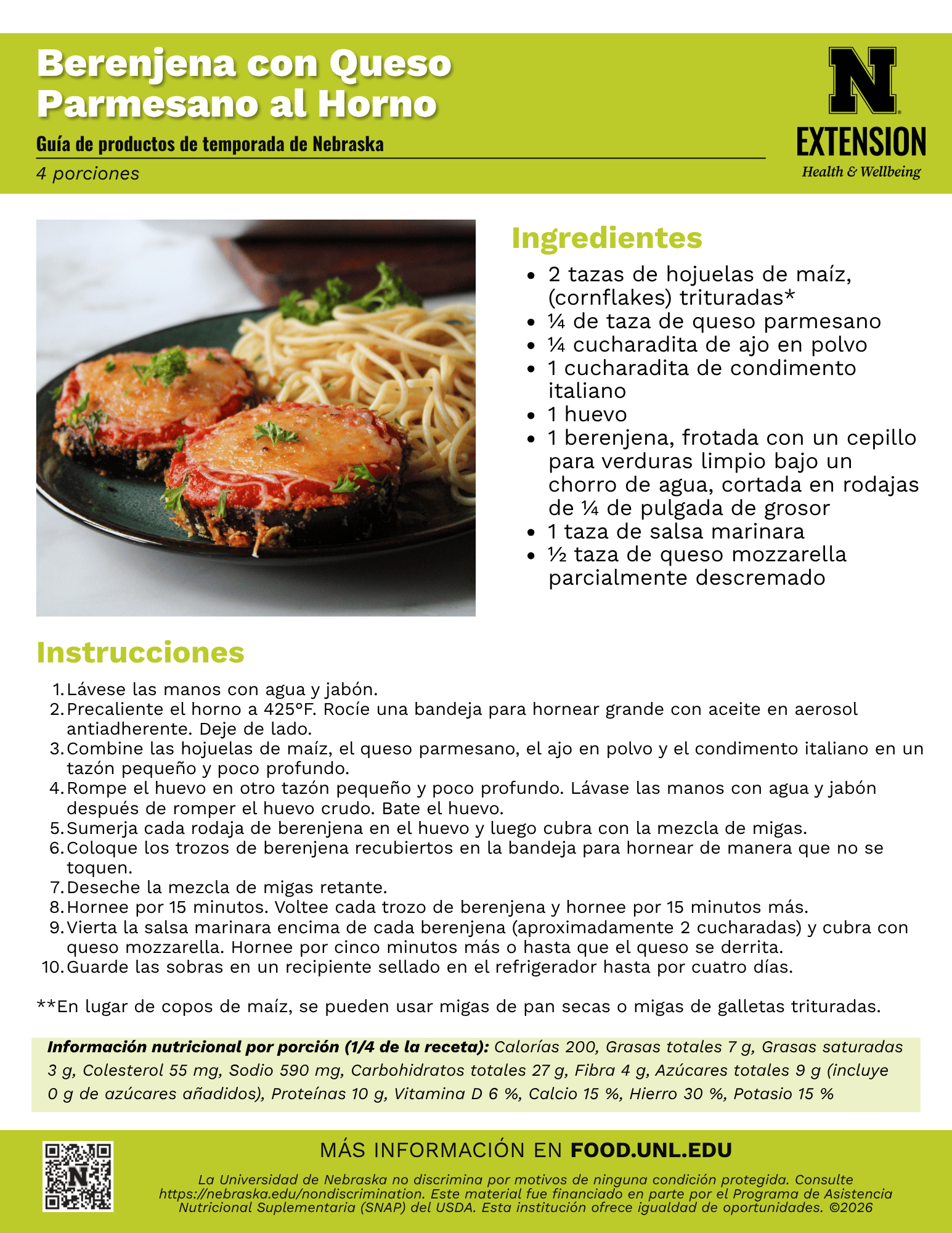 Baked Eggplant Parmesan Recipe Handout - Spanish