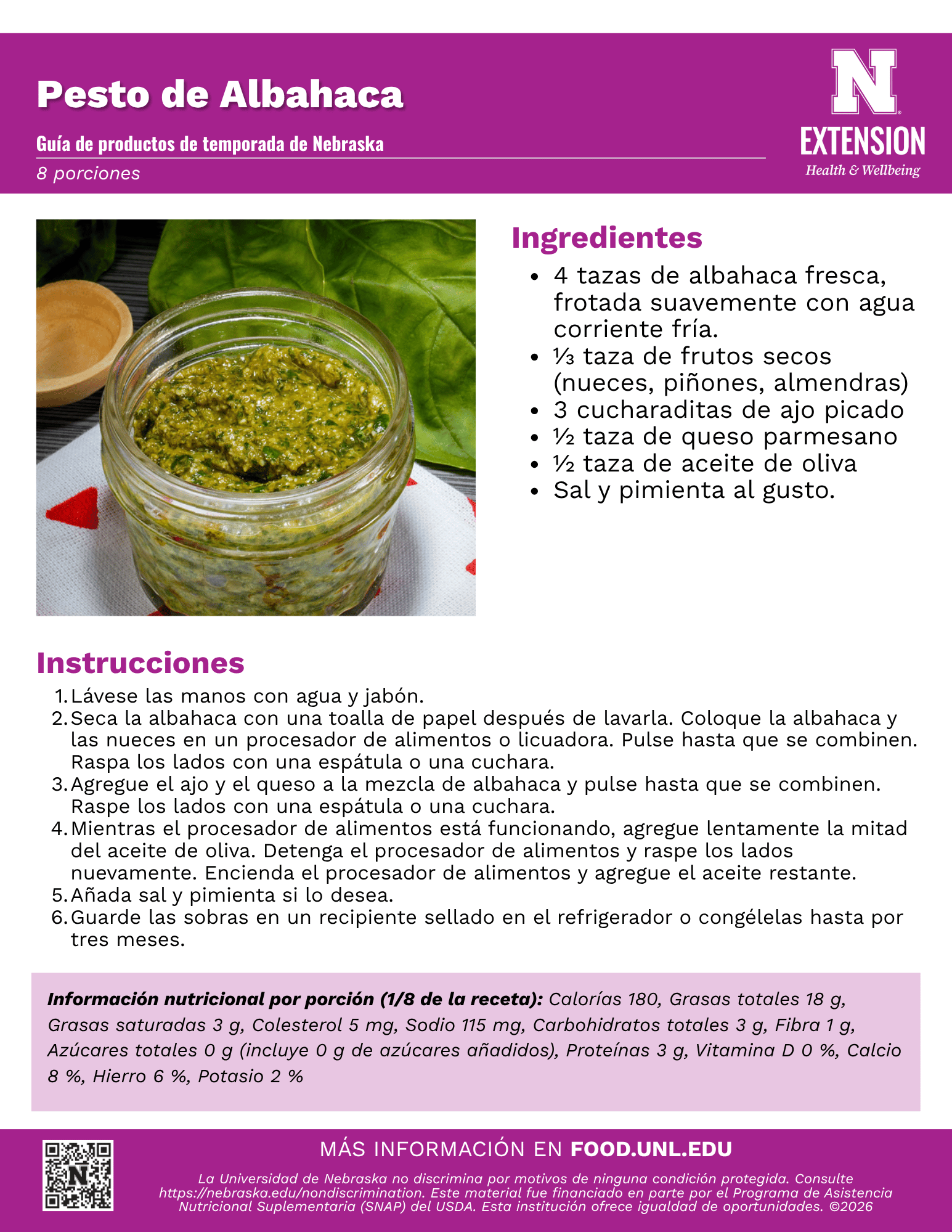 Basil Pesto Recipe Handout - Spanish