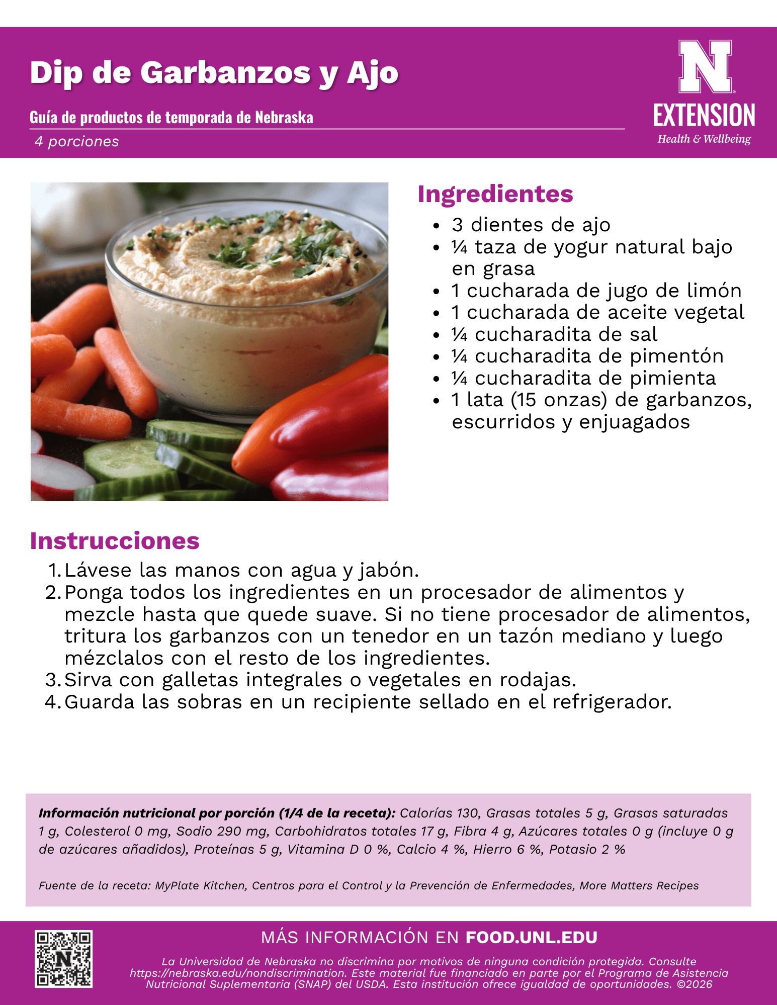 Garlic Chickpea Dip Recipe Handout - Spanish
