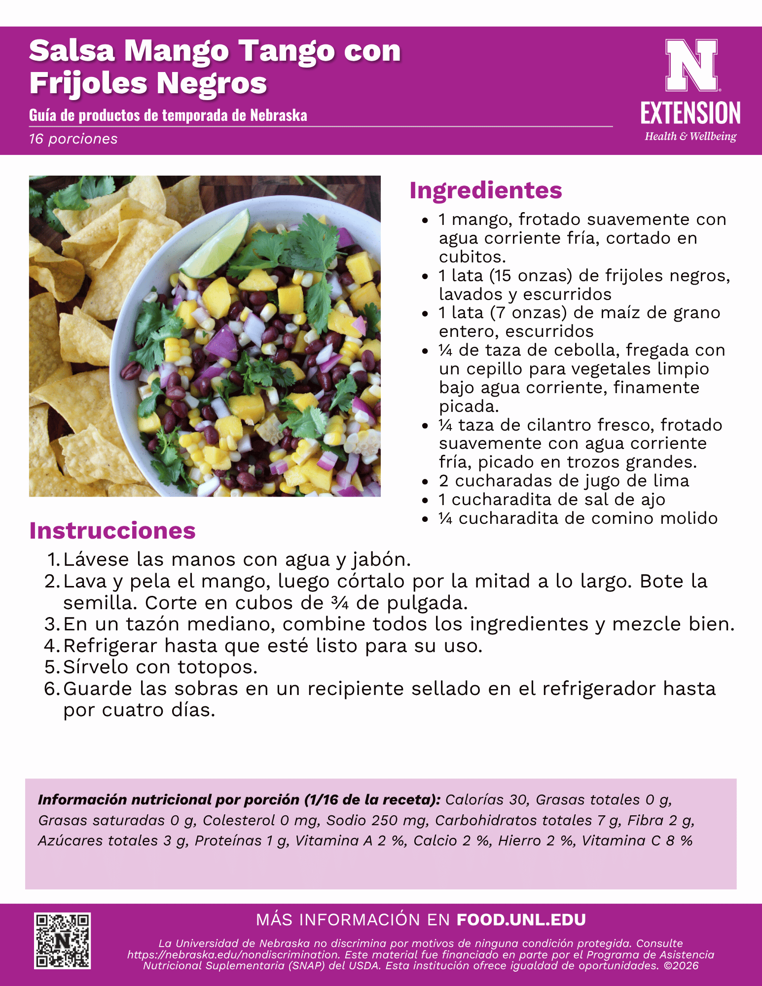 Mango Tango Black Bean Salsa Recipe Handout - Spanish