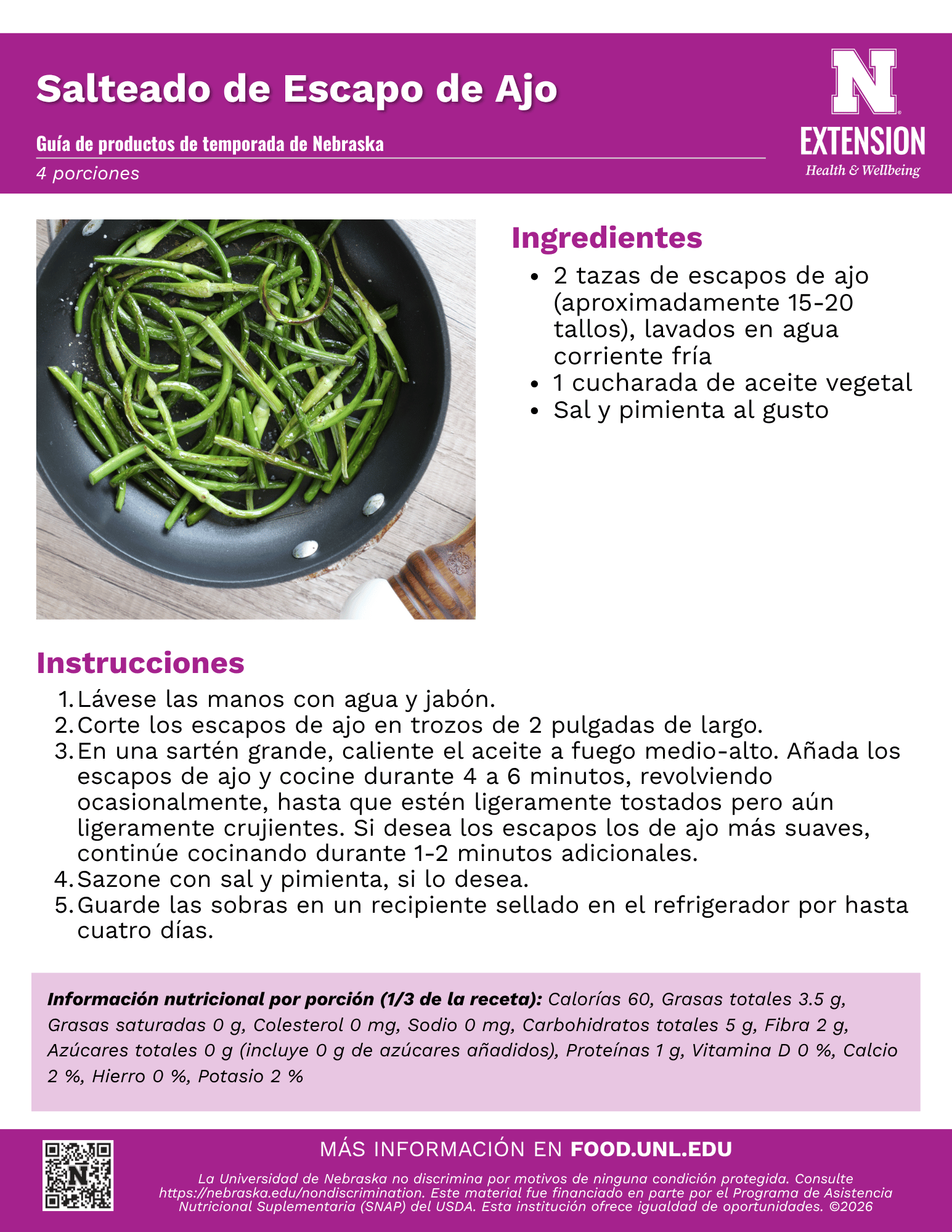 Sautéed Garlic Scapes Recipe Handout - Spanish