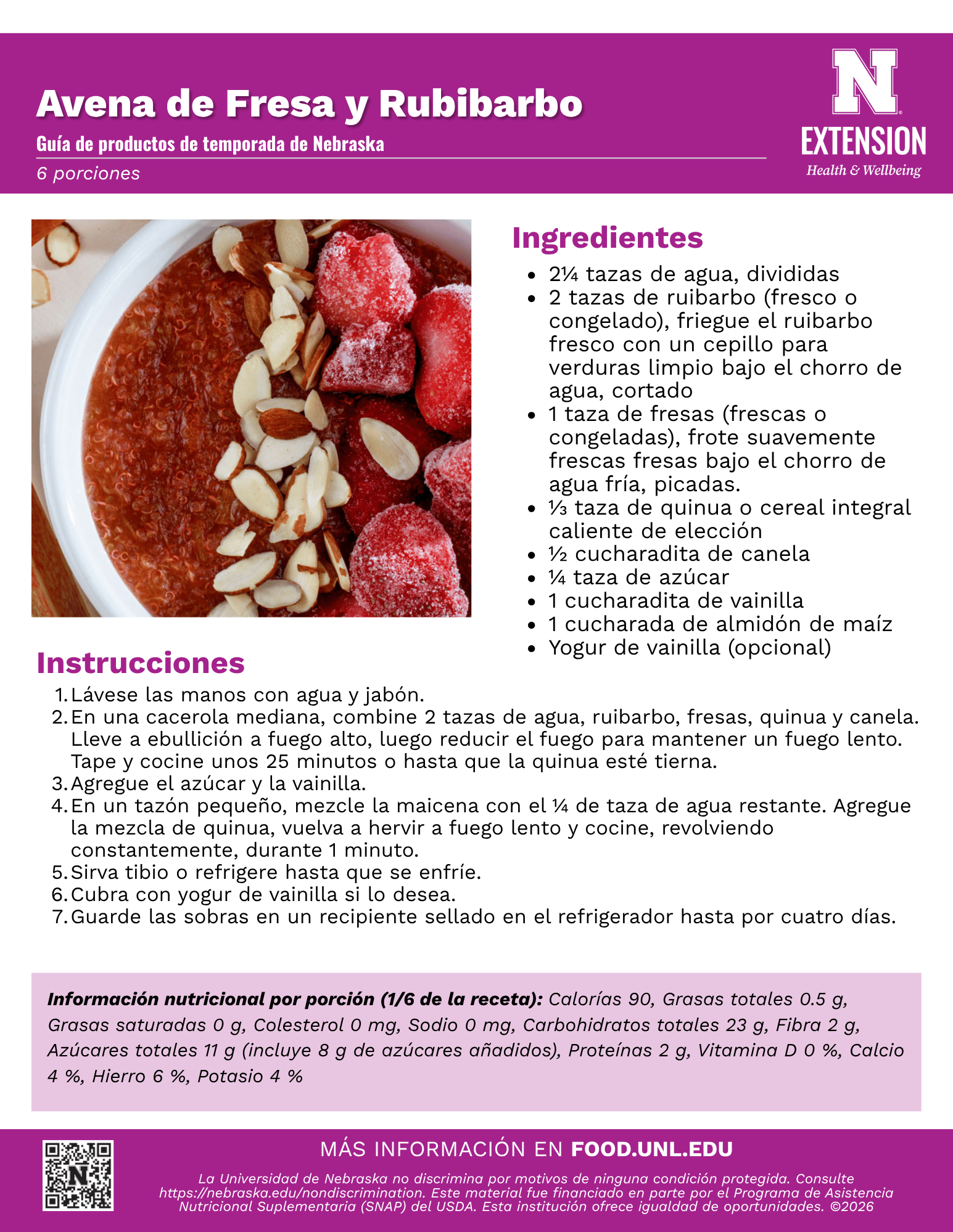 Strawberry Rhubarb Quinoa Porridge Recipe Handout - Spanish
