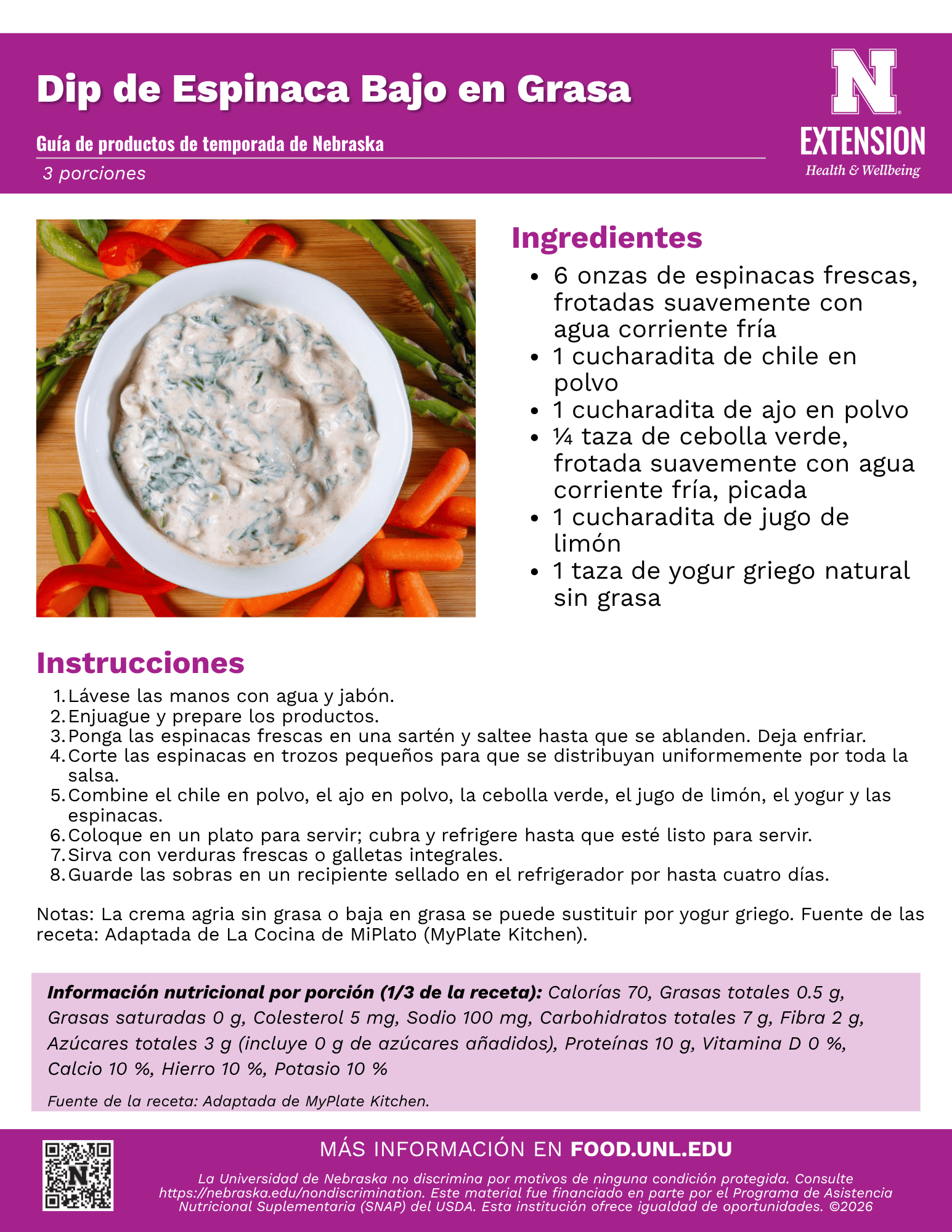 Low Fat Spinach Dip Recipe Handout - Spanish