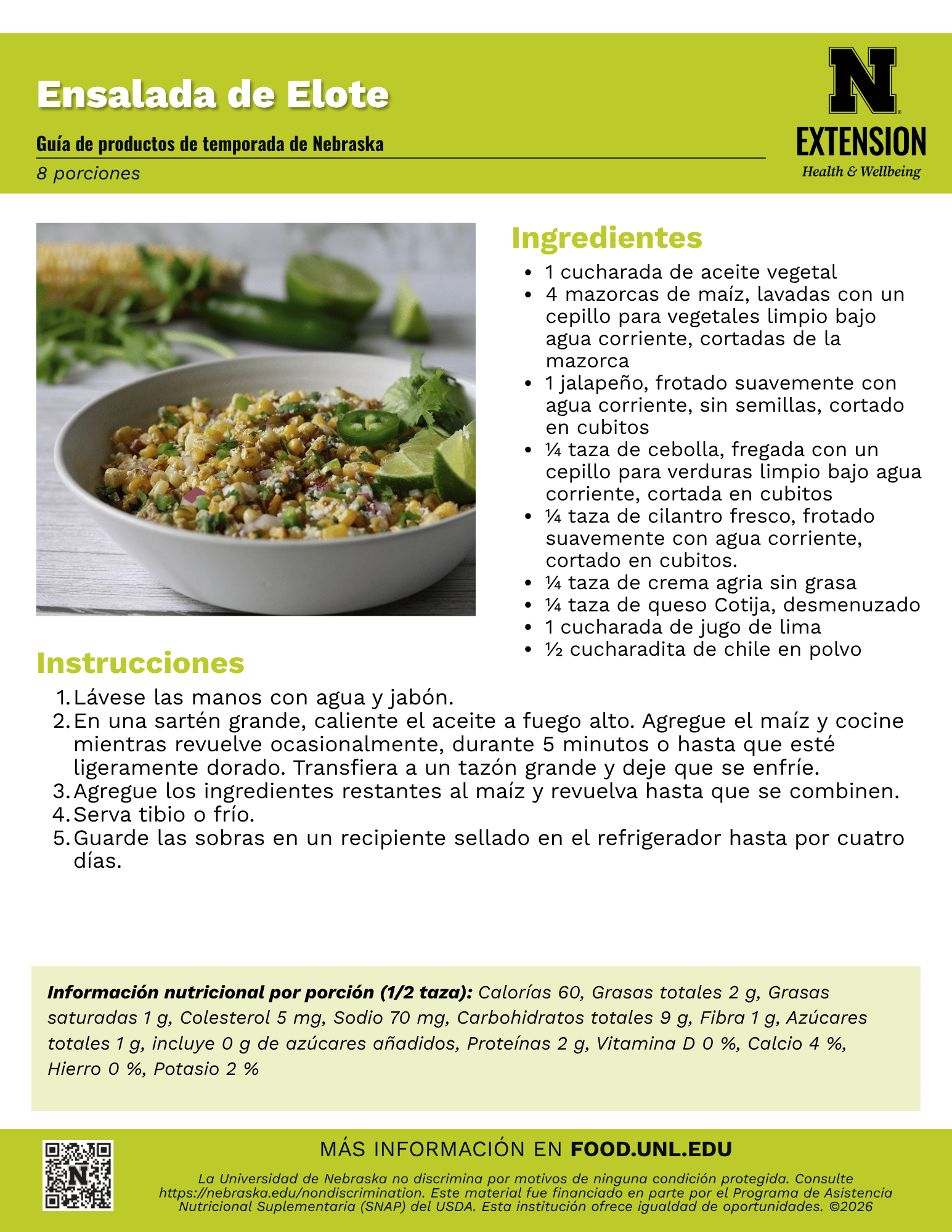 Elote Salad (Mexican Street Corn Salad) Recipe Handout - Spanish