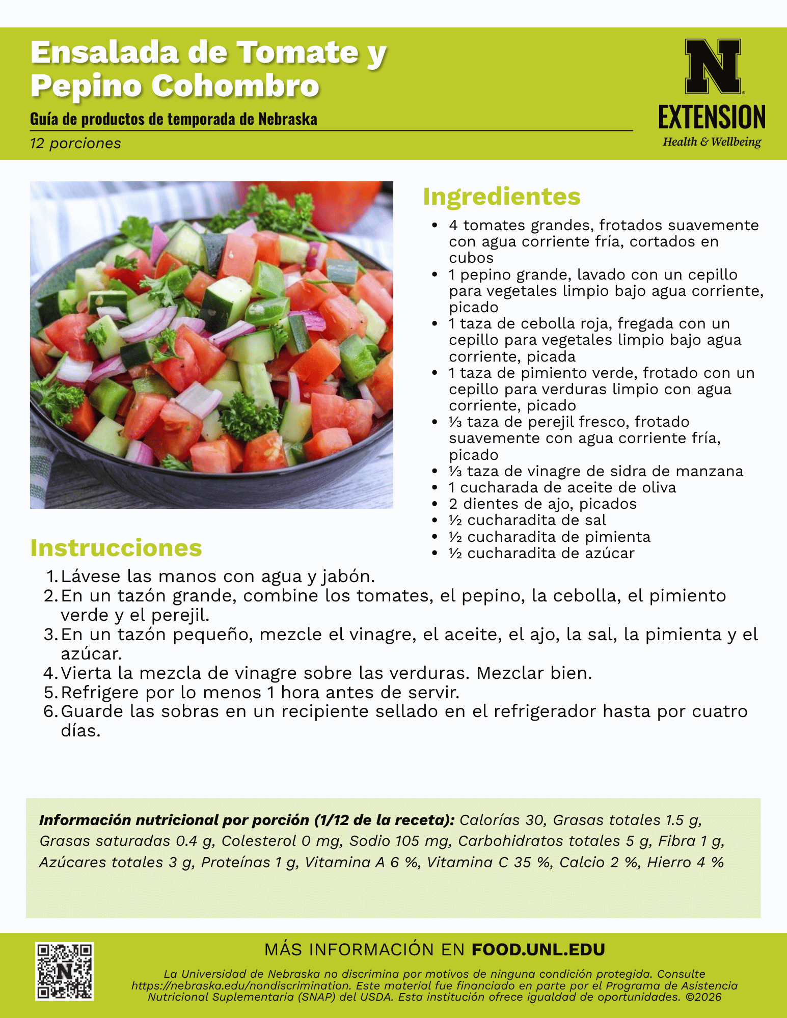 Tomato and Cucumber Salad Recipe Handout - Spanish