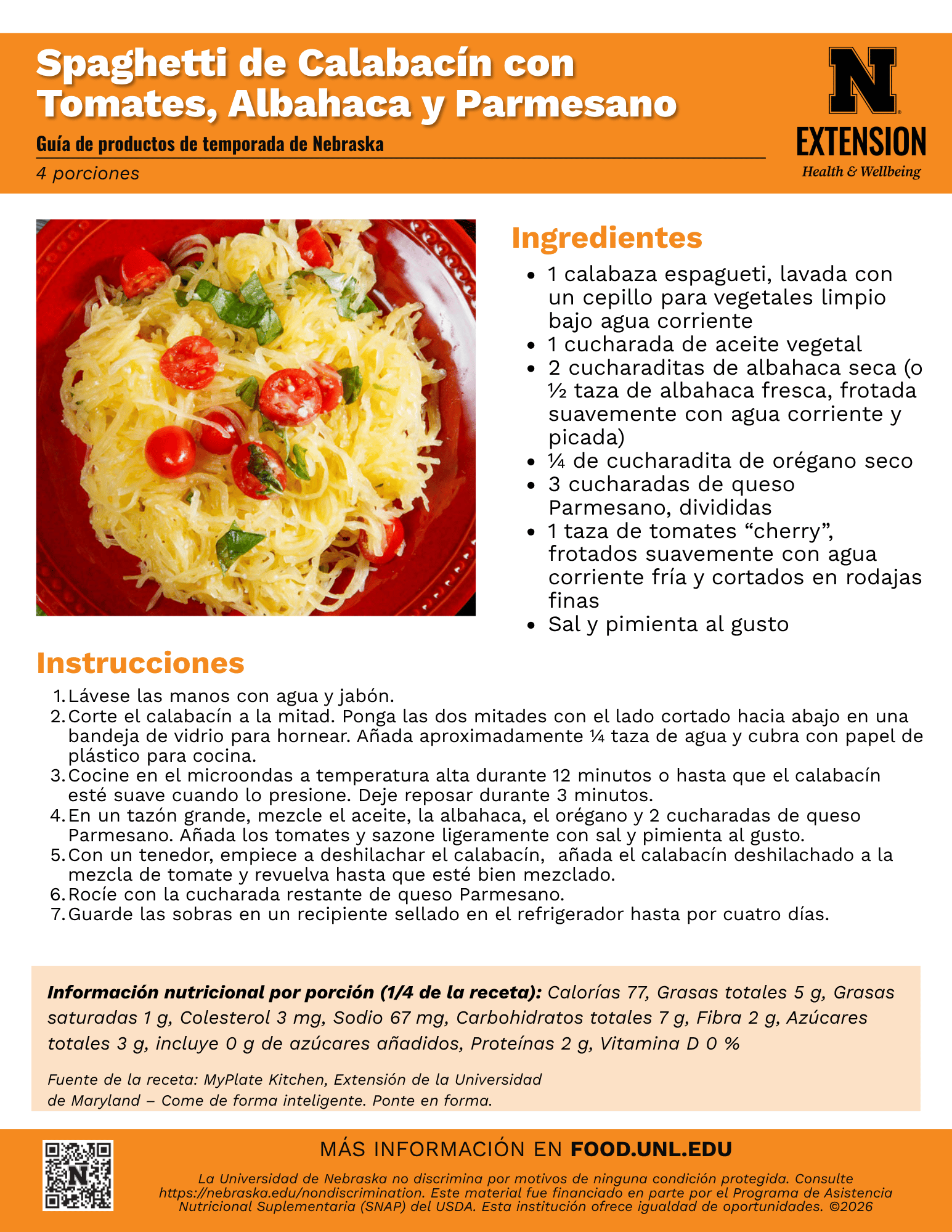 Spaghetti Squash with Tomatoes and Basil Recipe Handout - Spanish