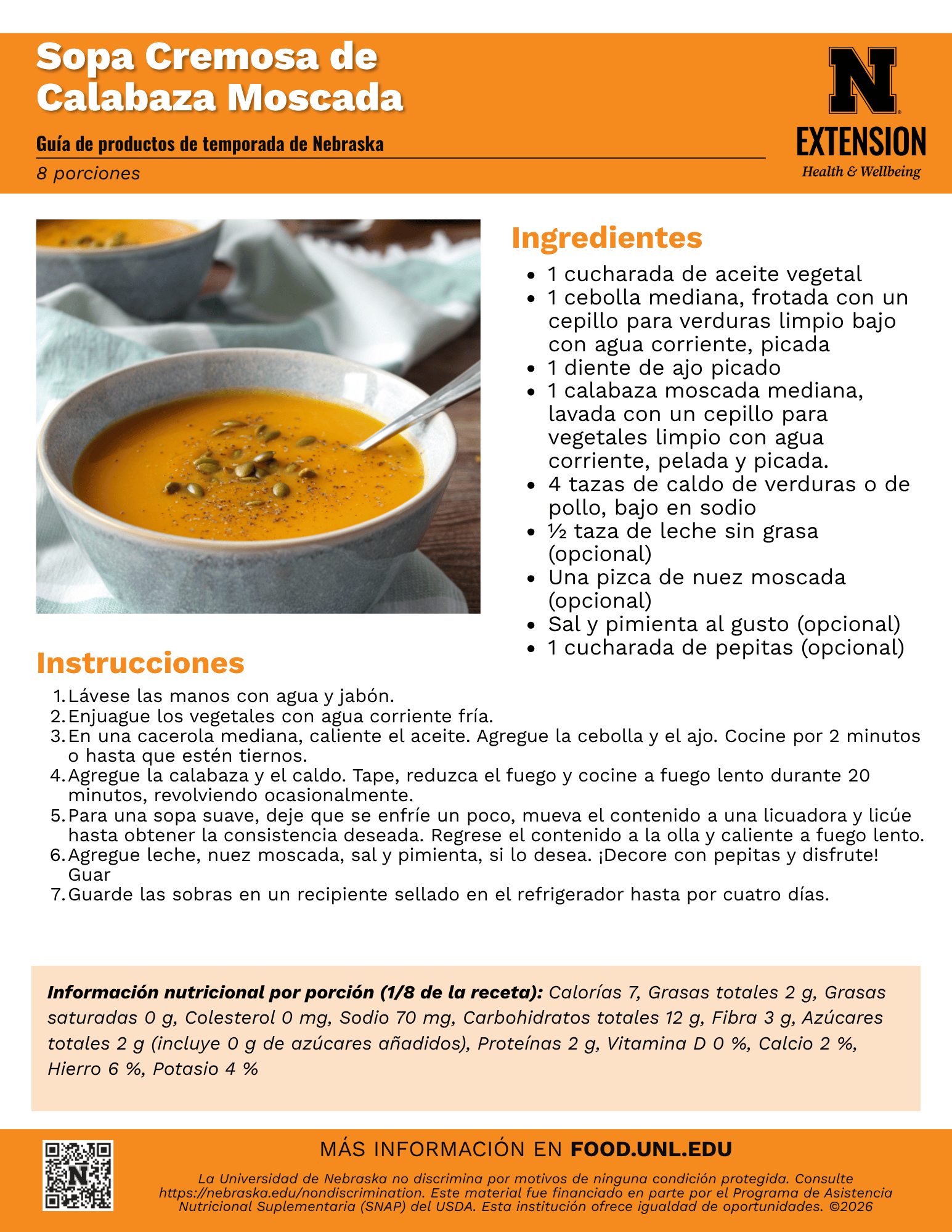 Creamy Butternut Squash Soup Recipe Handout - Spanish