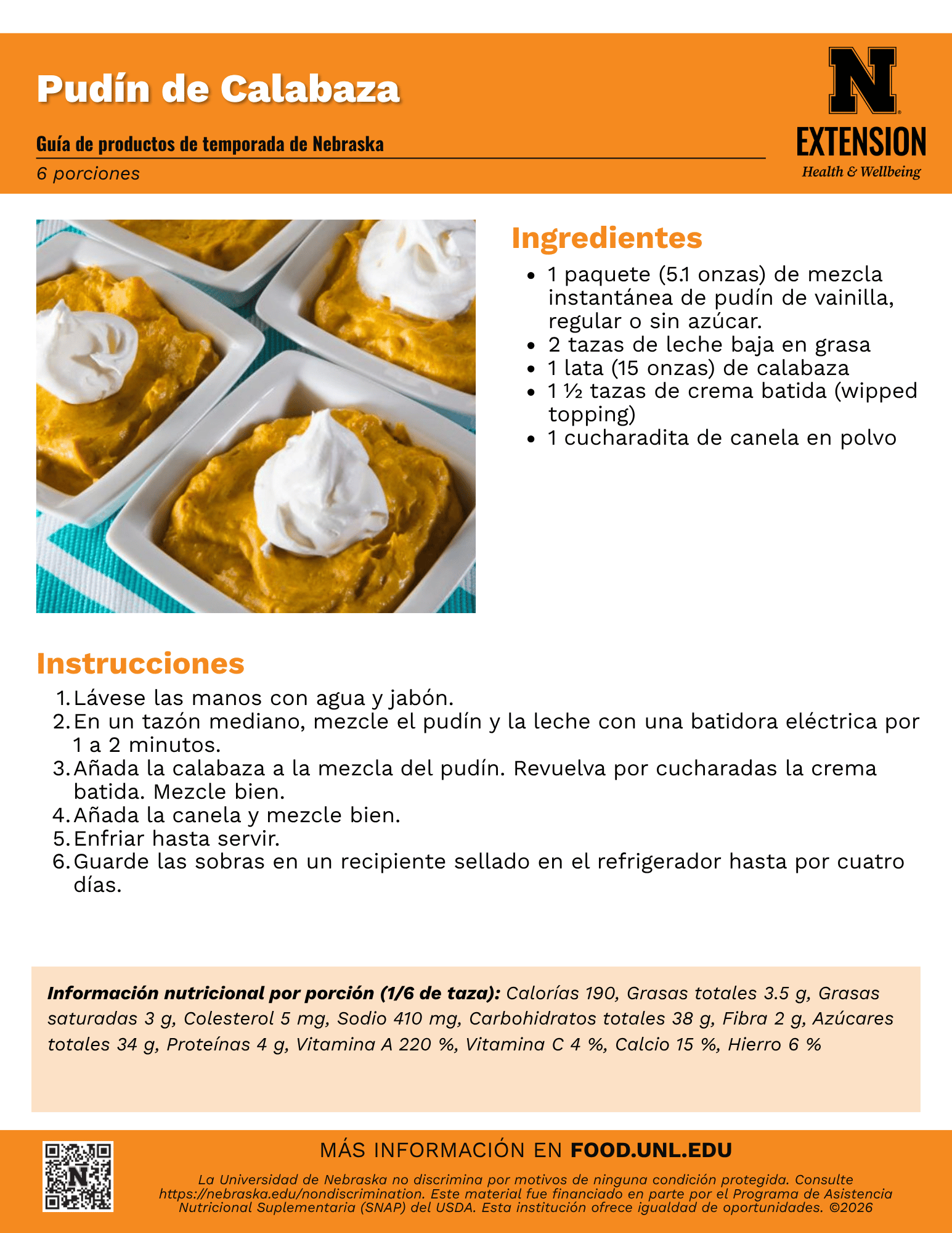 Pumpkin Pudding Recipe Handout - Spanish