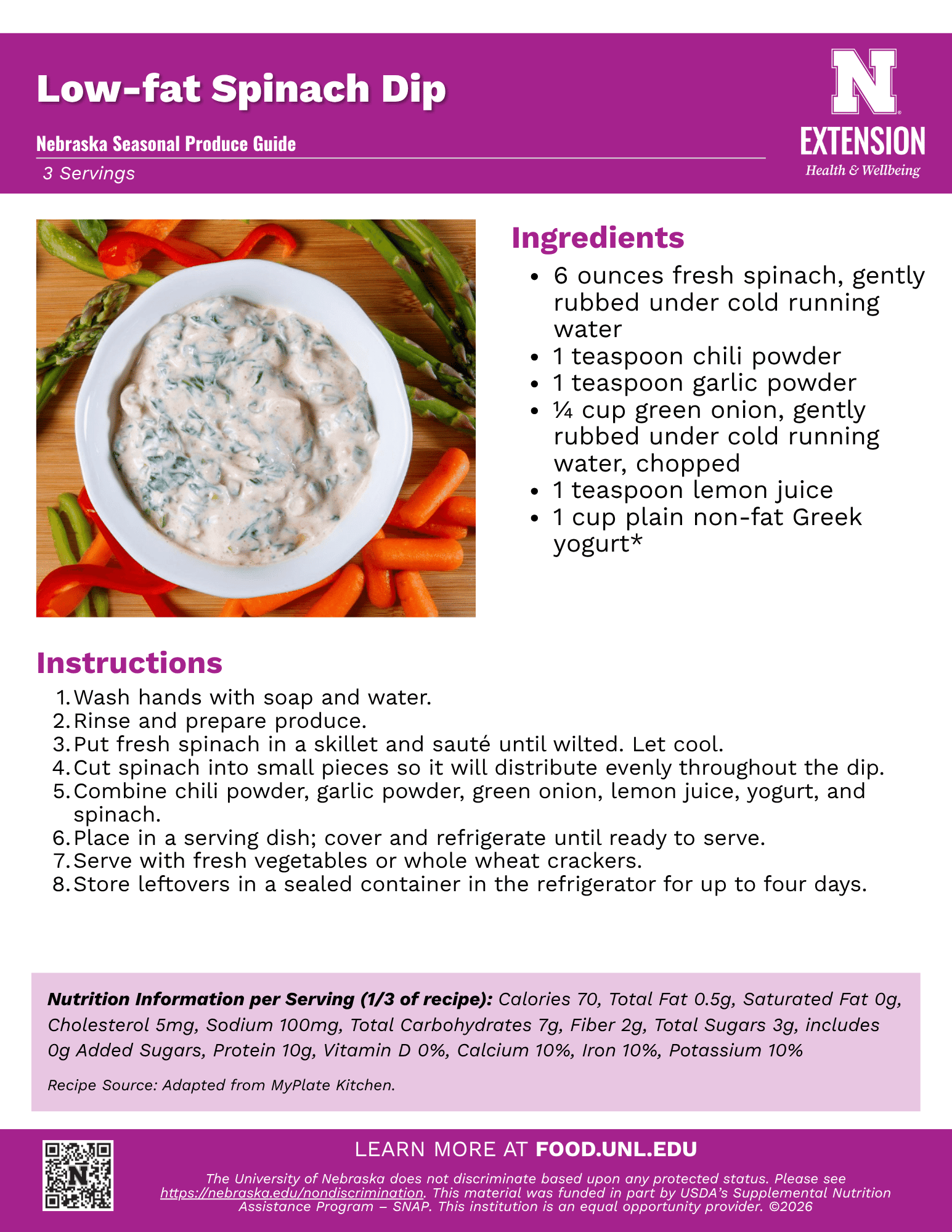 Low Fat Spinach Dip Recipe Handout