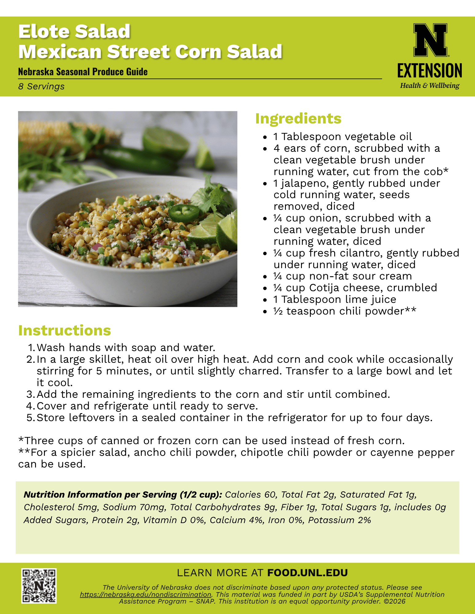 Elote Salad (Mexican Street Corn Salad) Recipe Handout