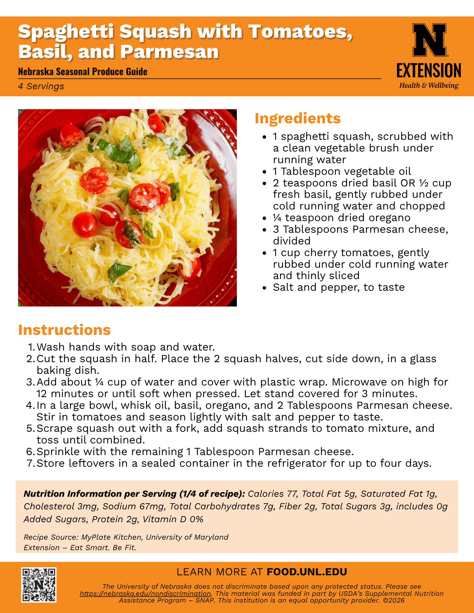 Spaghetti Squash with Tomatoes and Basil Recipe Handout