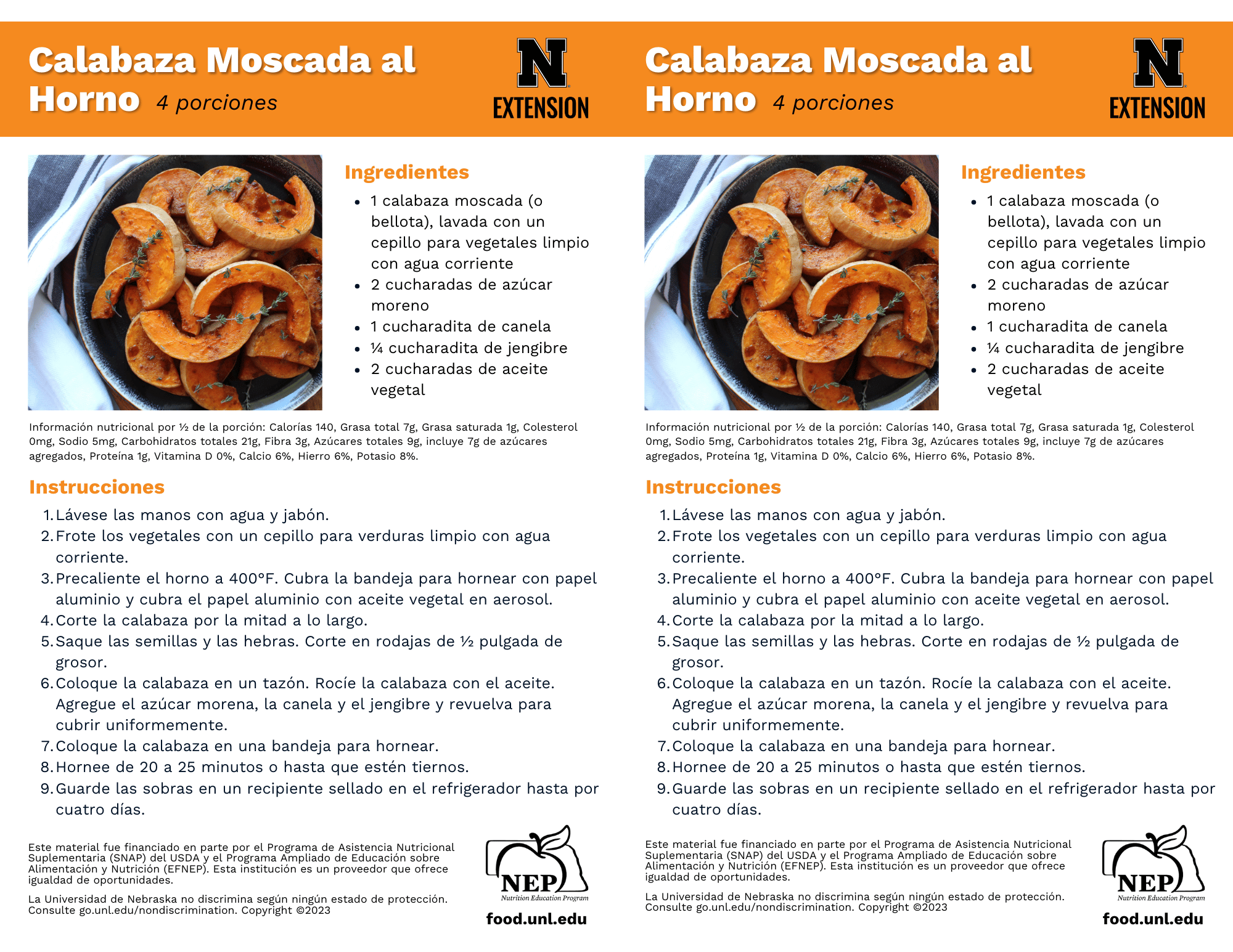 Baked Butternut Squash Recipe Handouts - Spanish