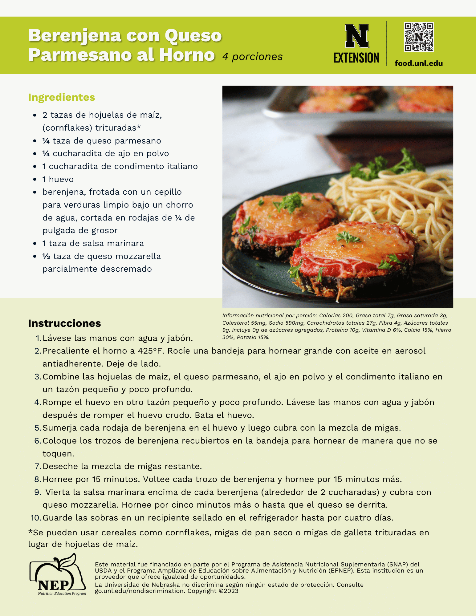 Baked Eggplant Parmesan Recipe Handout - Spanish