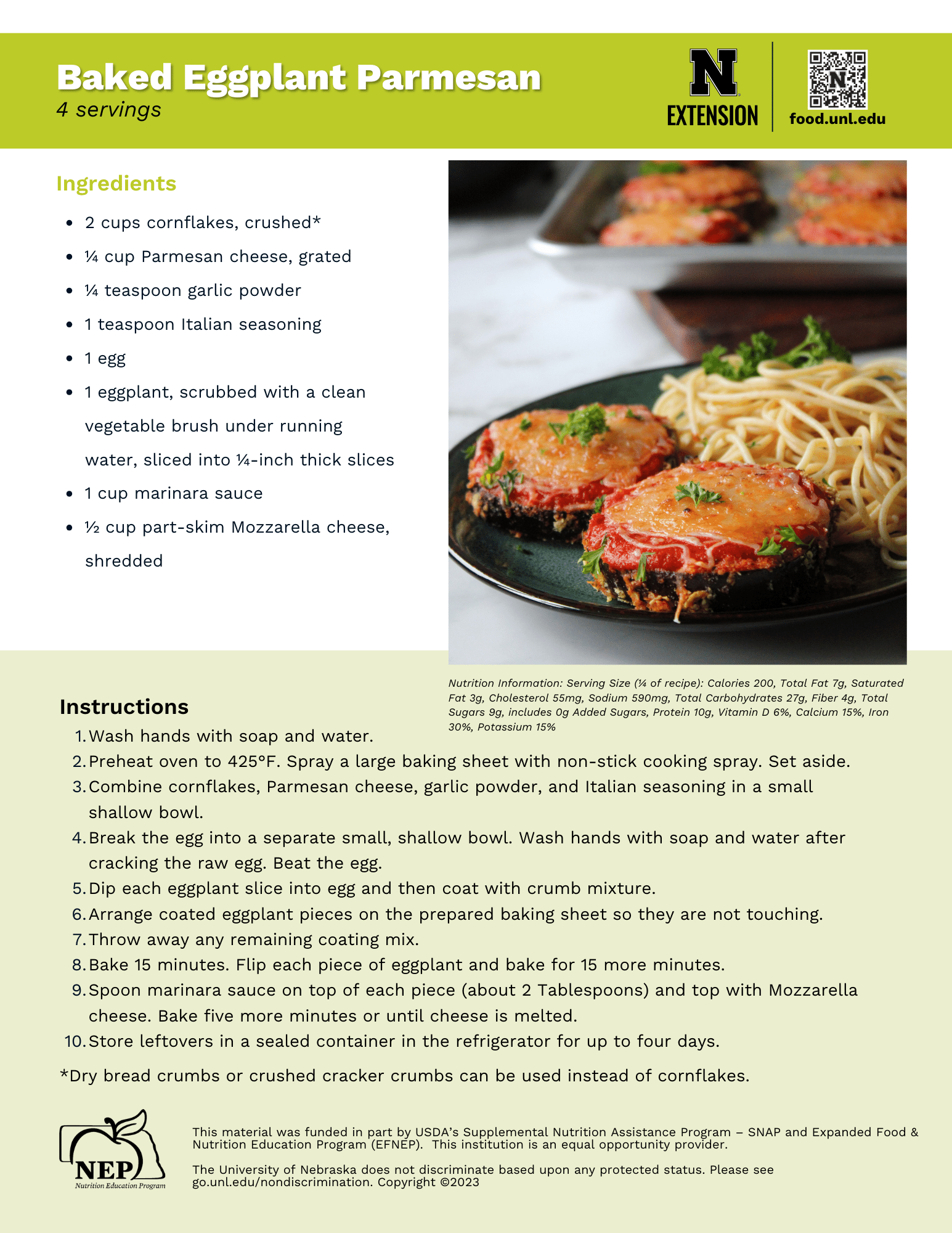 Baked Eggplant Parmesan Recipe Handout