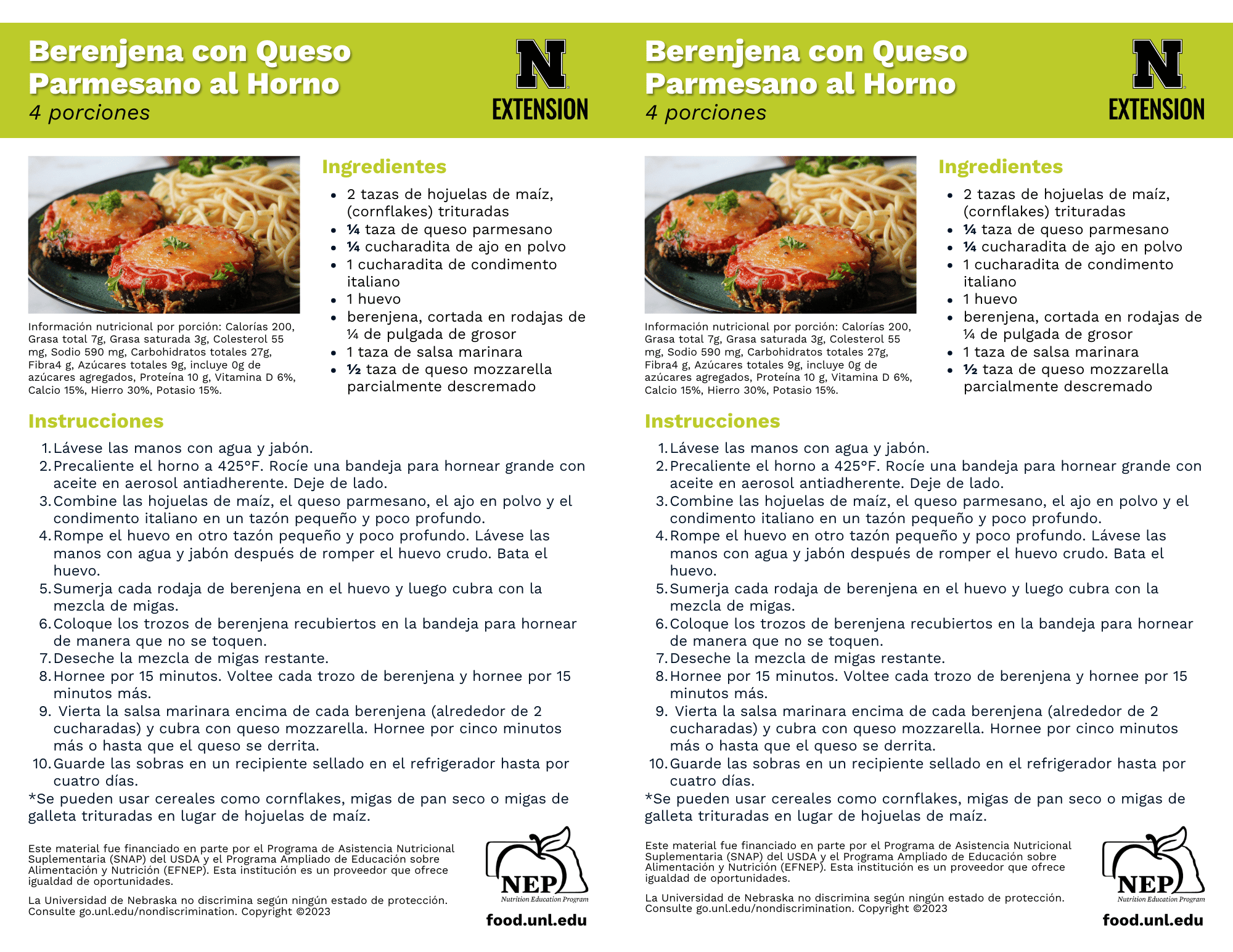 Baked Eggplant Parmesan Recipe Handouts - Spanish