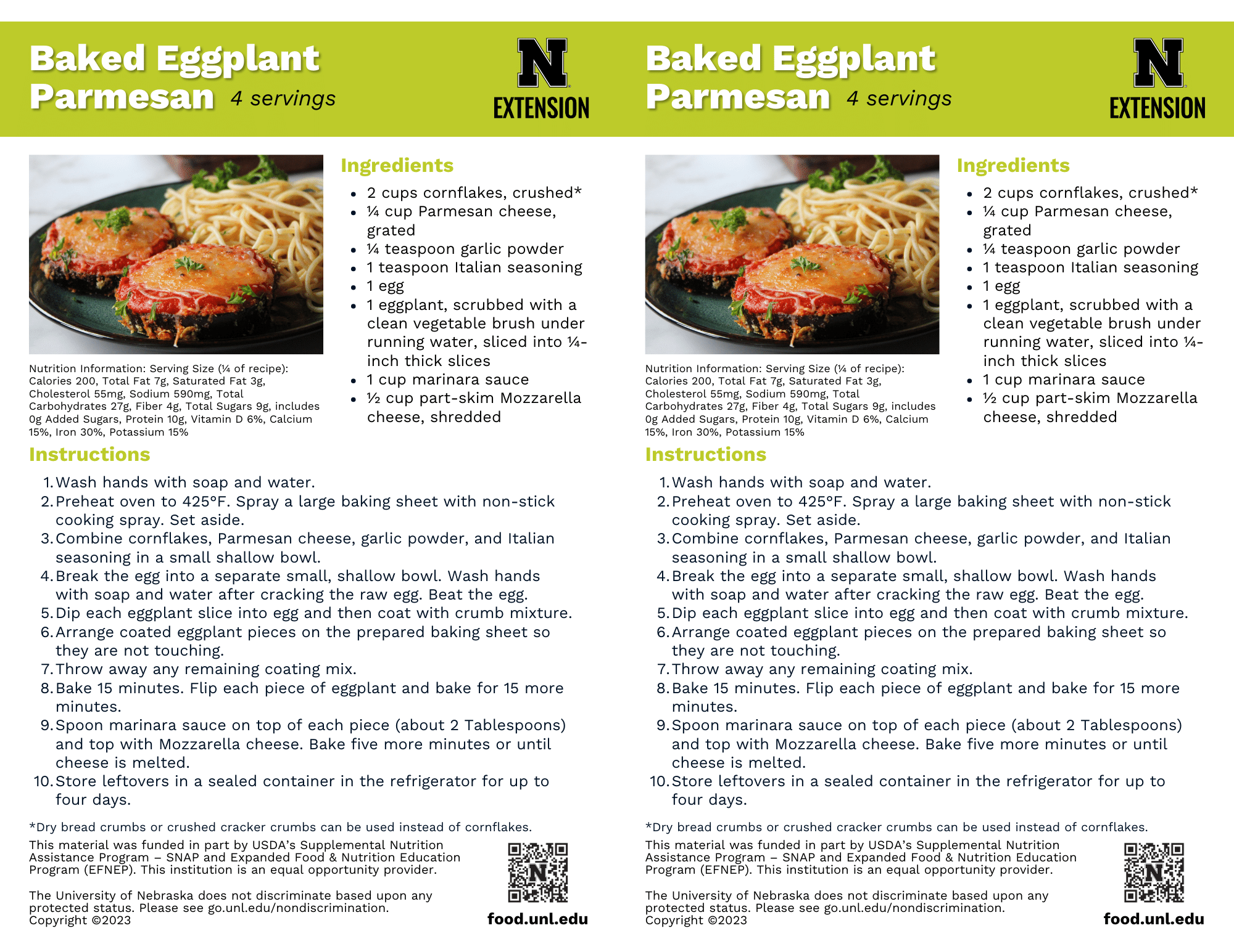 Baked Eggplant Parmesan Recipe Handouts
