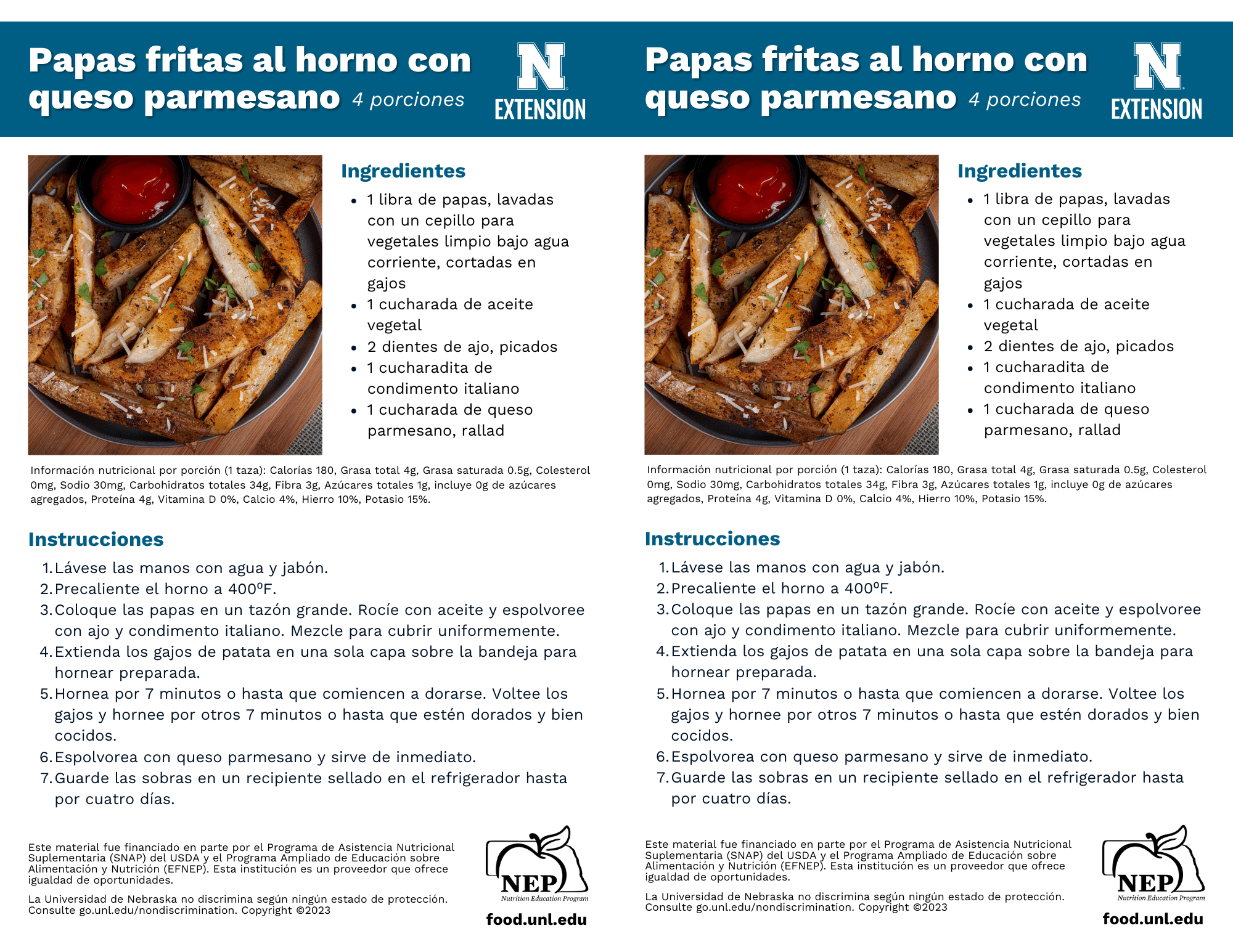 Baked Parmesan Fries Recipe Handouts - Spanish