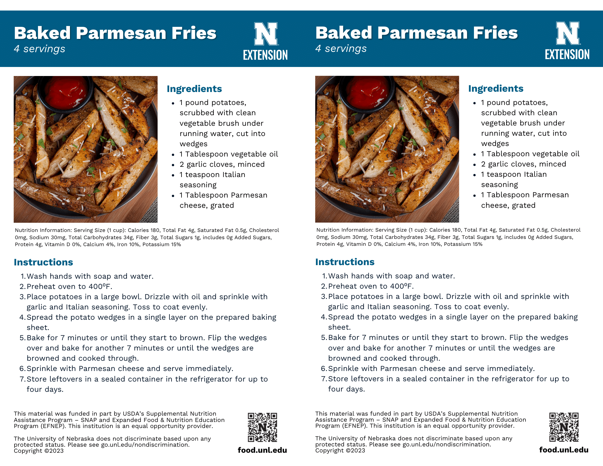Baked Parmesan Fries Recipe Handouts