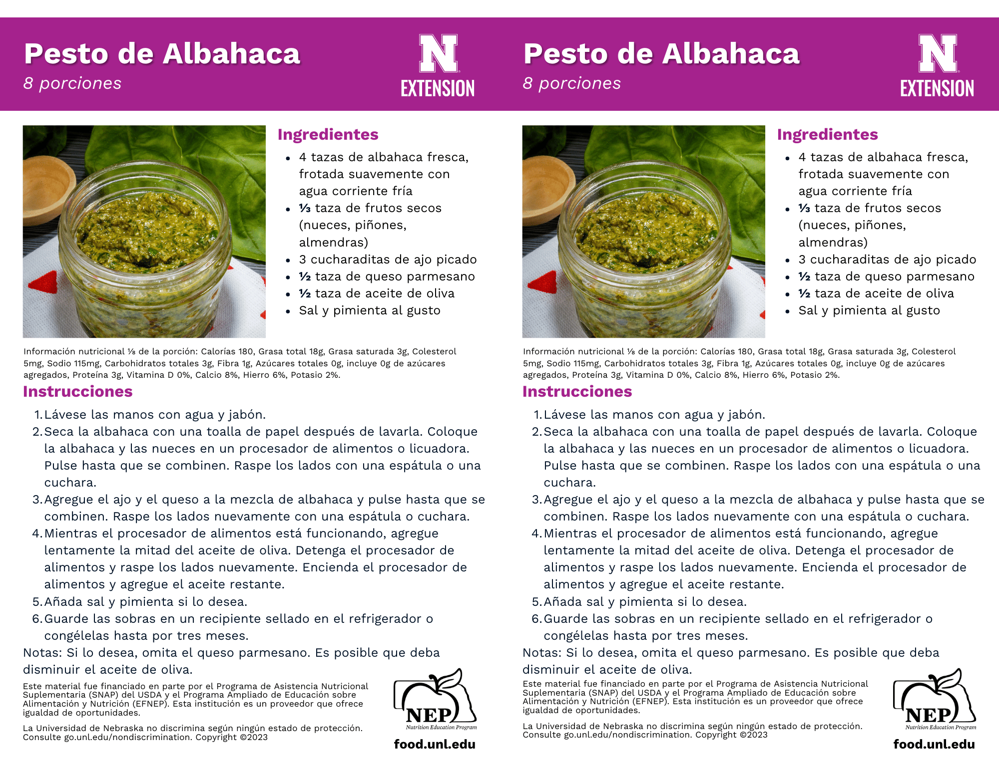 Basil Pesto Recipe Handouts - Spanish