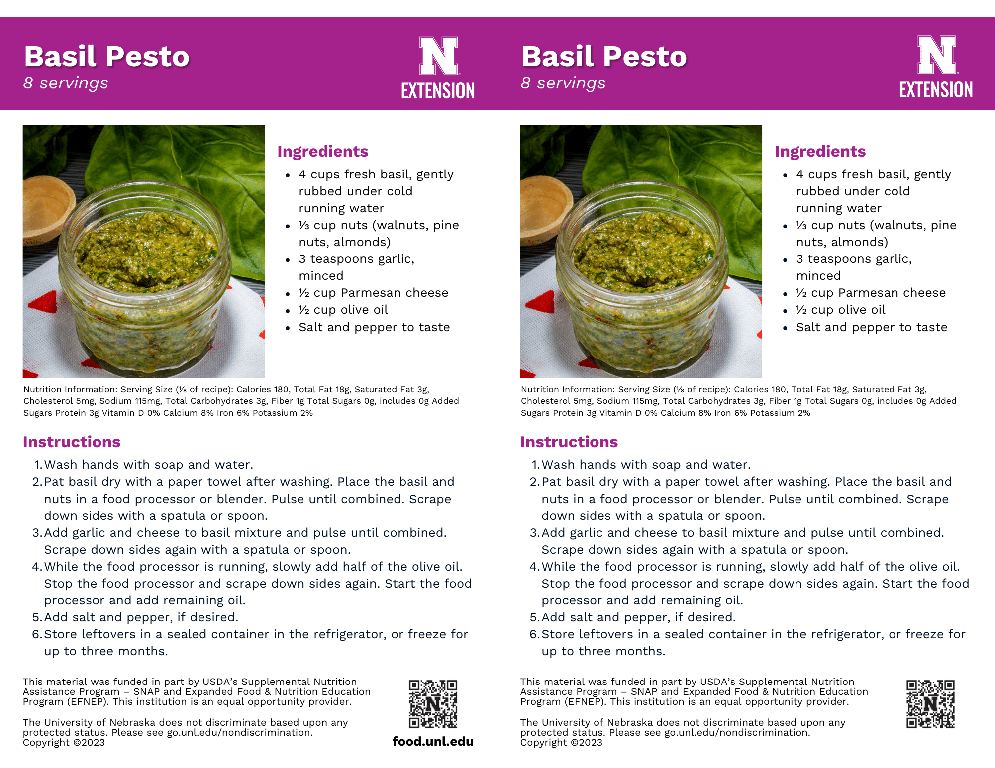 Basil Pesto Recipe Handouts