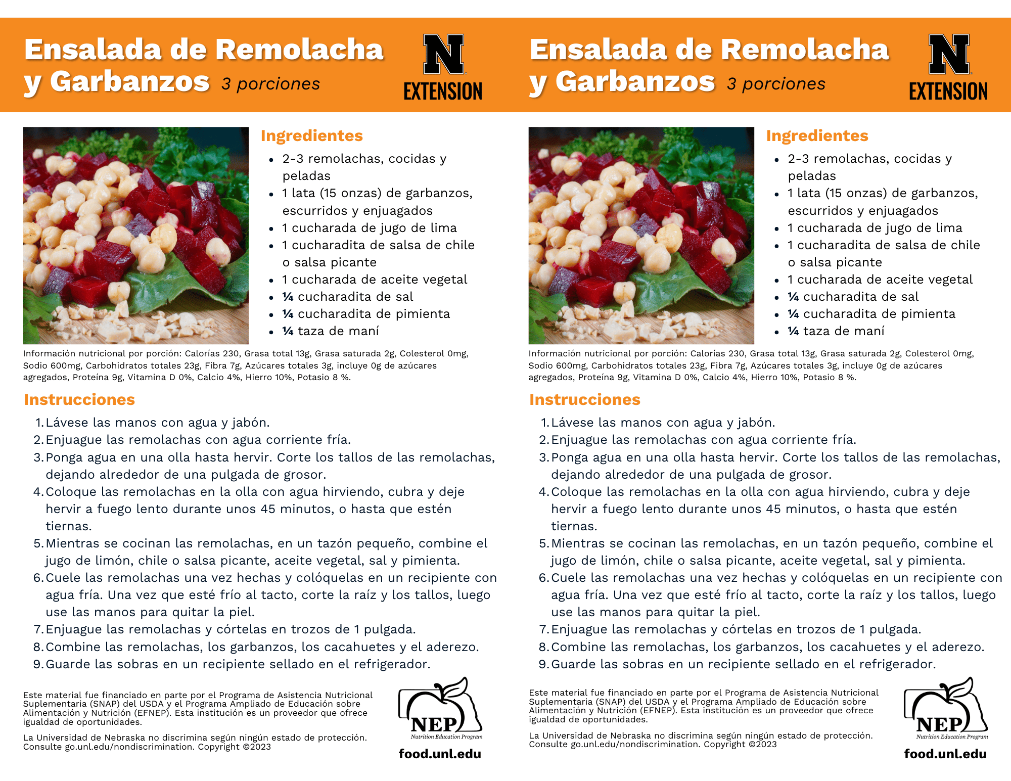 Beet and Chickpea Salad Recipe Handouts - Spanish