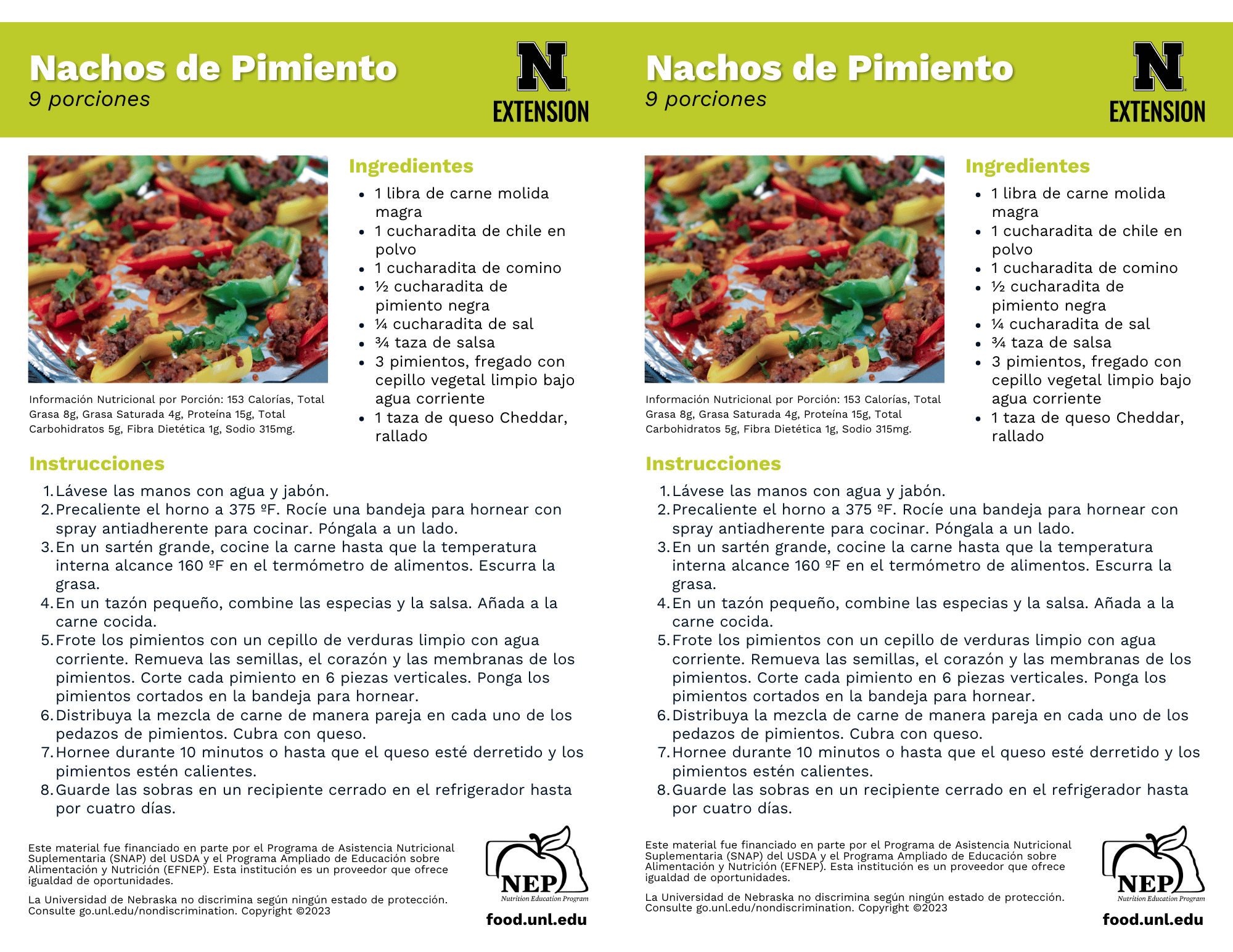Bell Pepper Nachos Recipe Handouts - Spanish