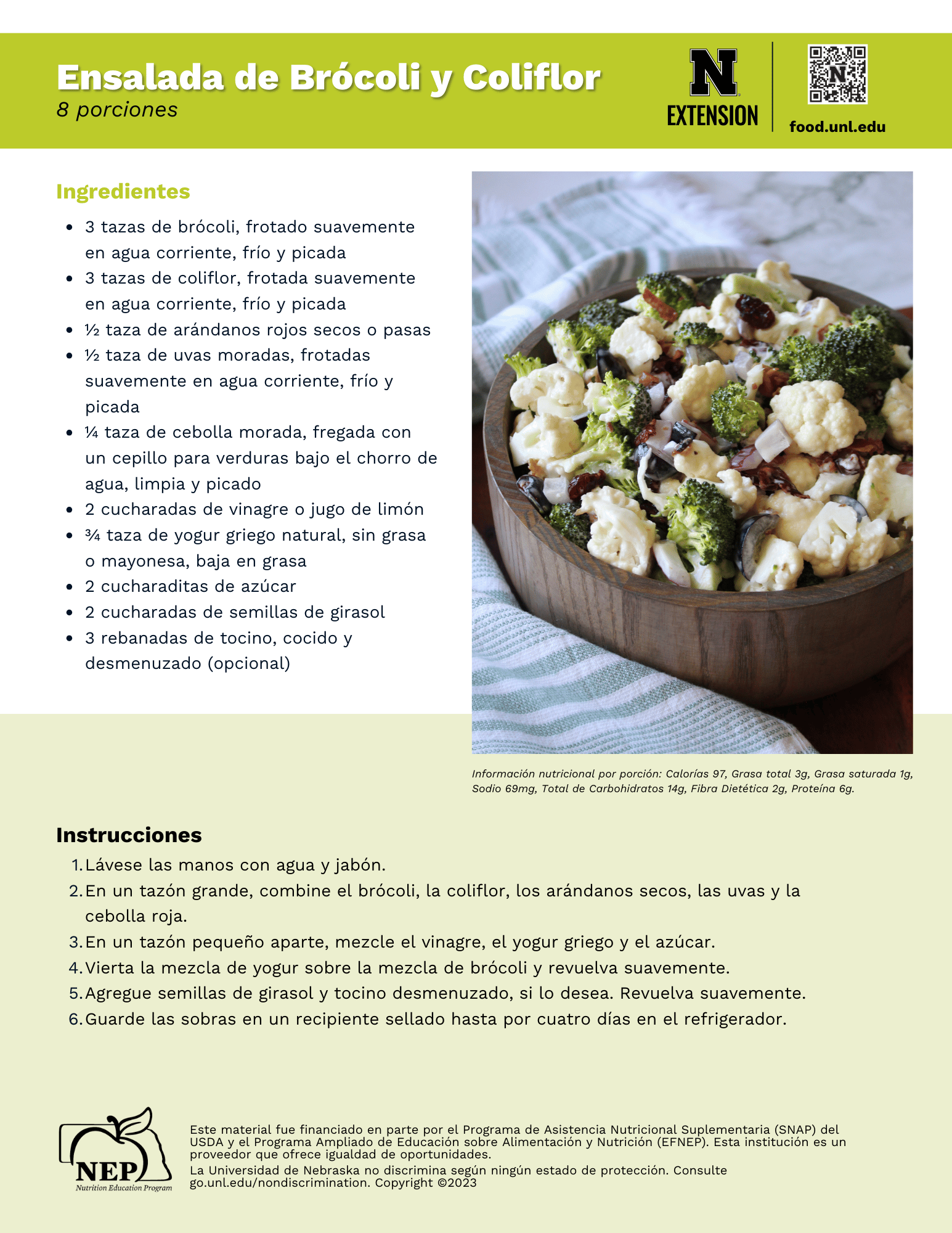 Broccoli and Cauliflower Salad Recipe Handout - Spanish
