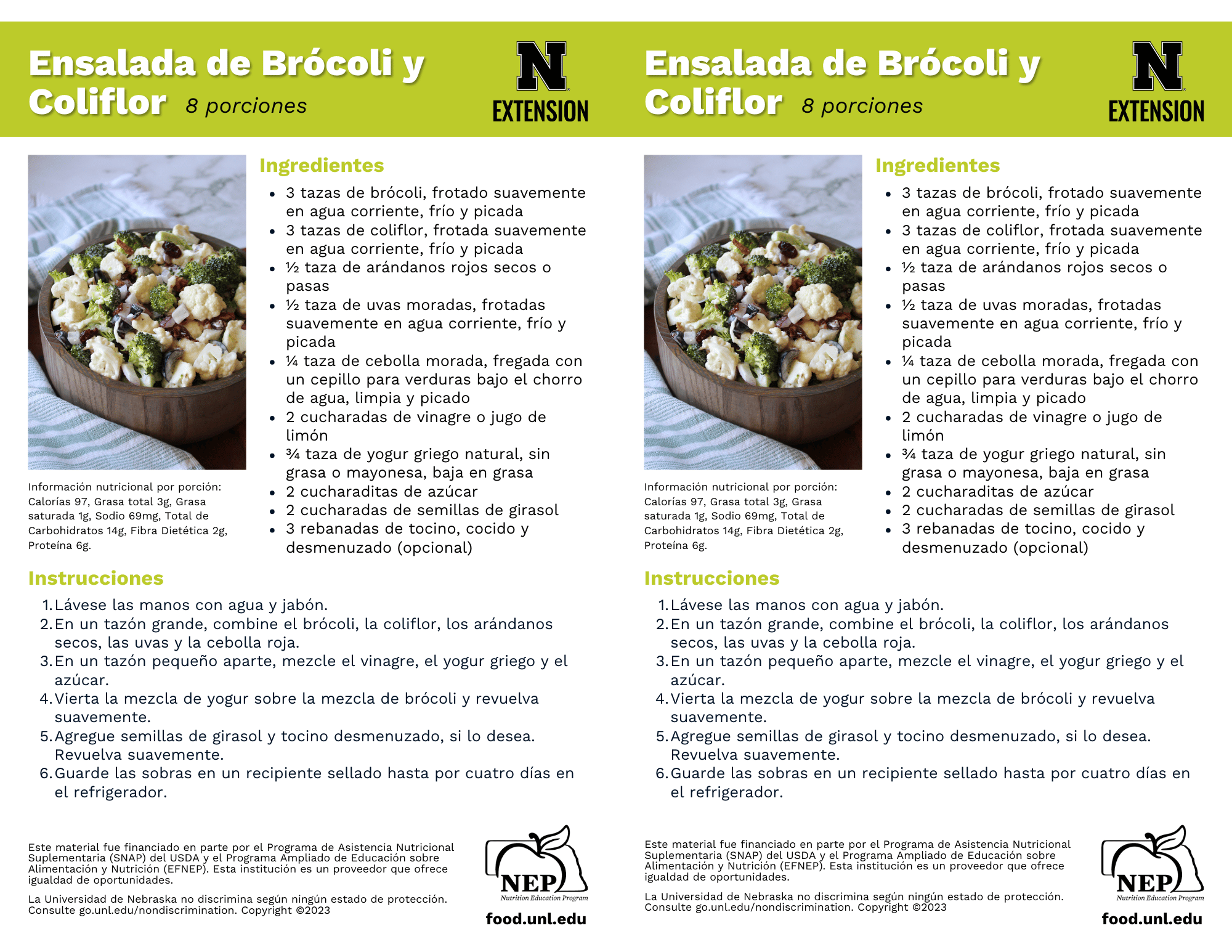Broccoli and Cauliflower Salad Recipe Handouts - Spanish