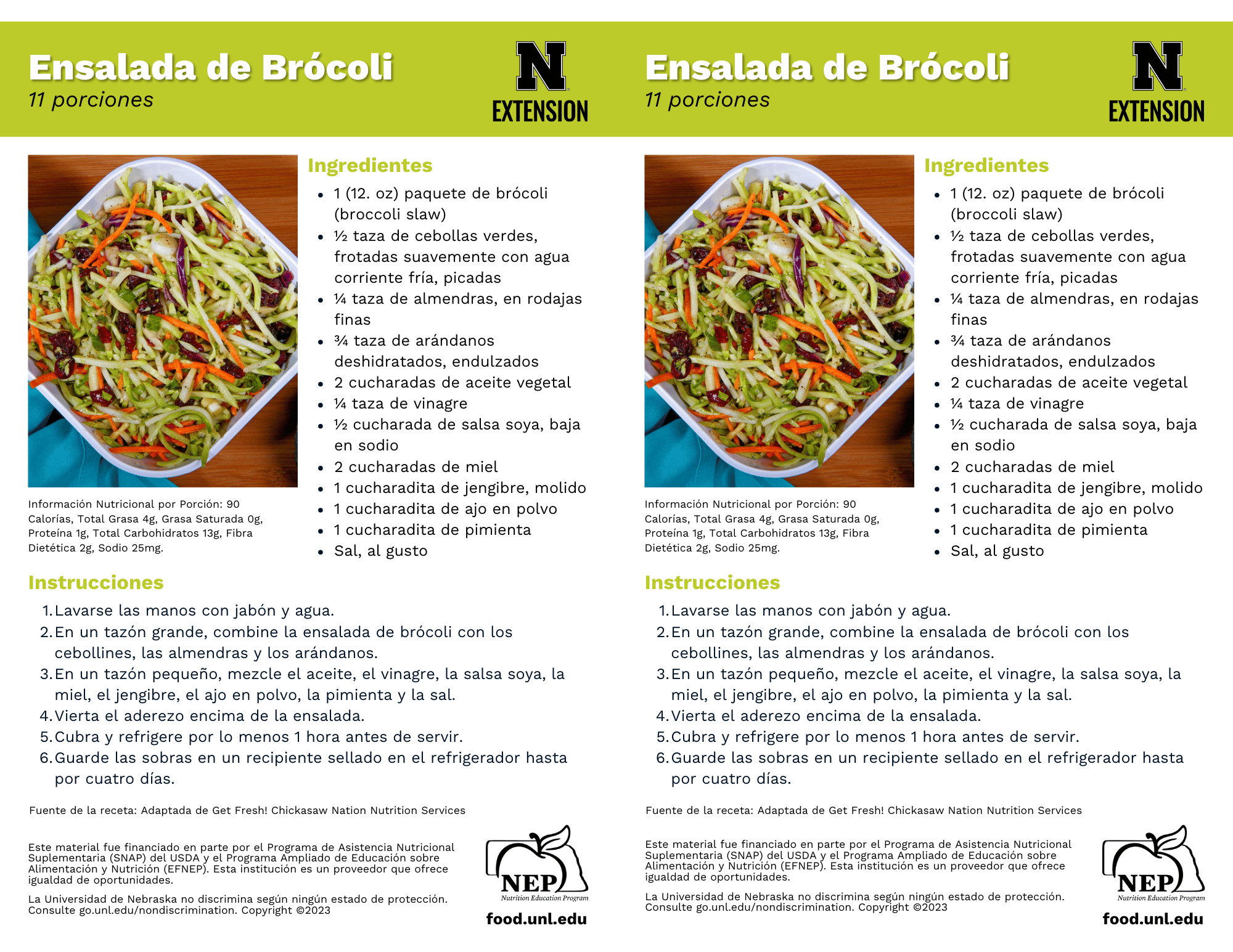 Broccoli Slaw with Cranberries Recipe Handouts - Spanish