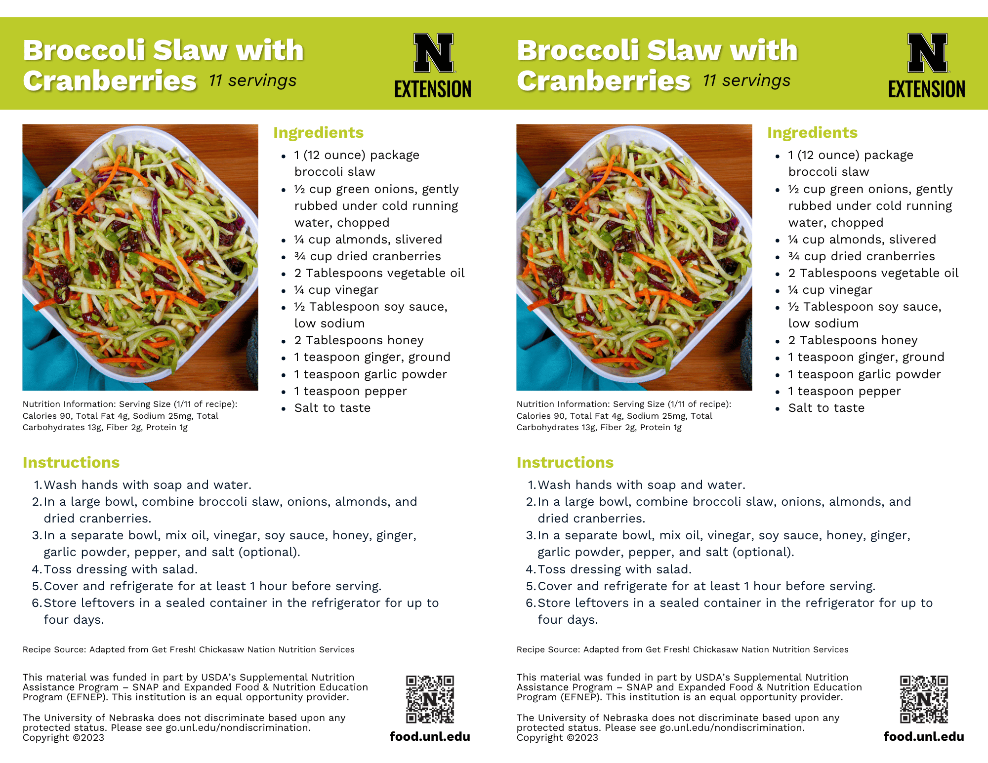 Broccoli Slaw with Cranberries Recipe Handouts