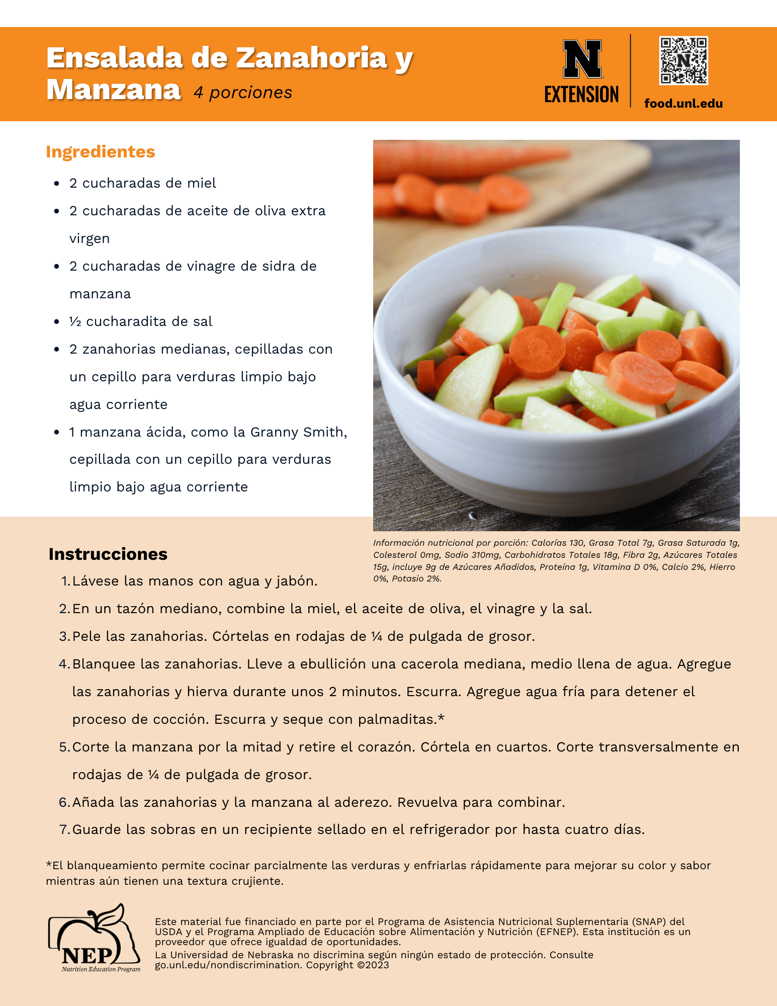Carrot and Apple Salad Recipe Handout - Spanish