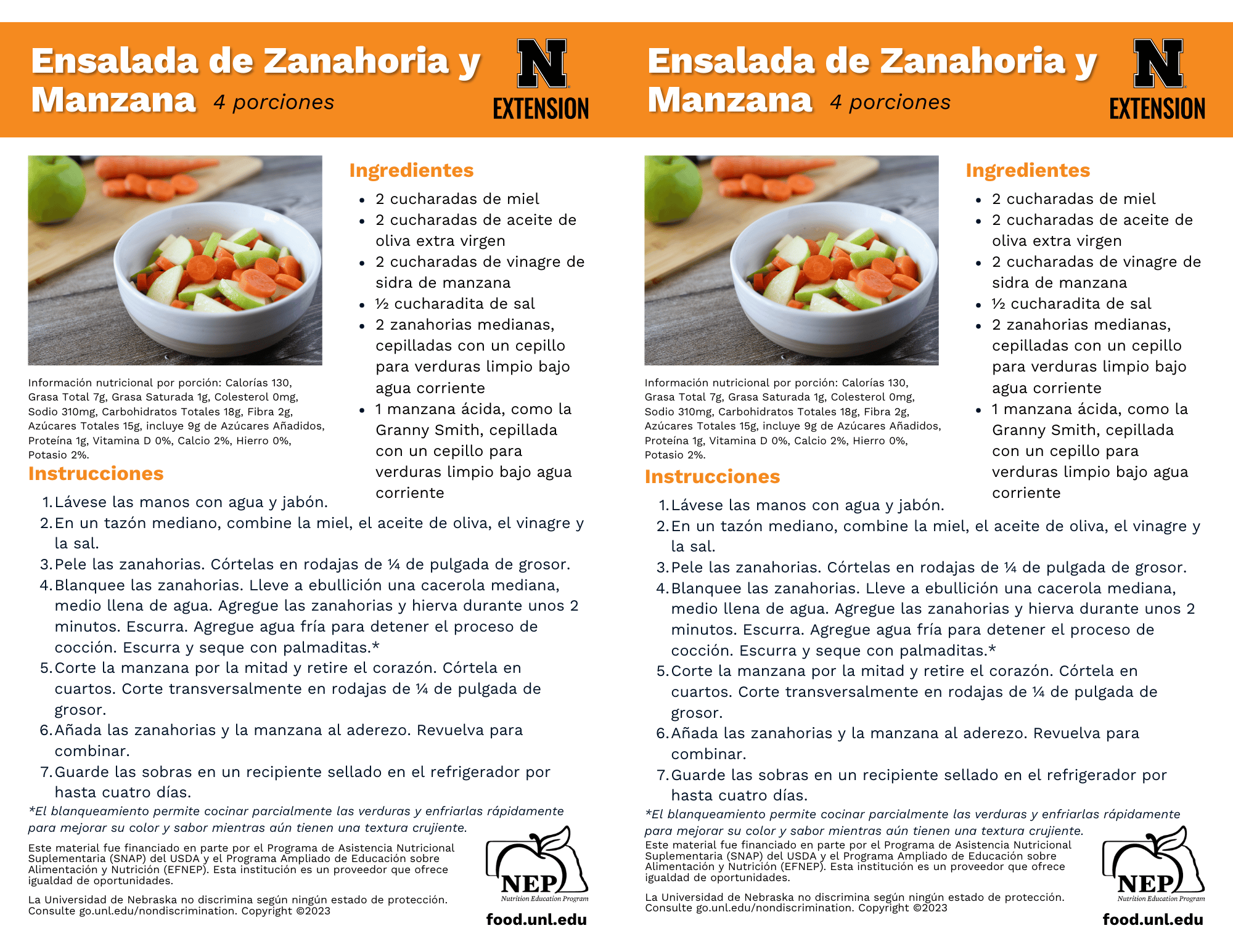 Carrot and Apple Salad Recipe Handouts - Spanish