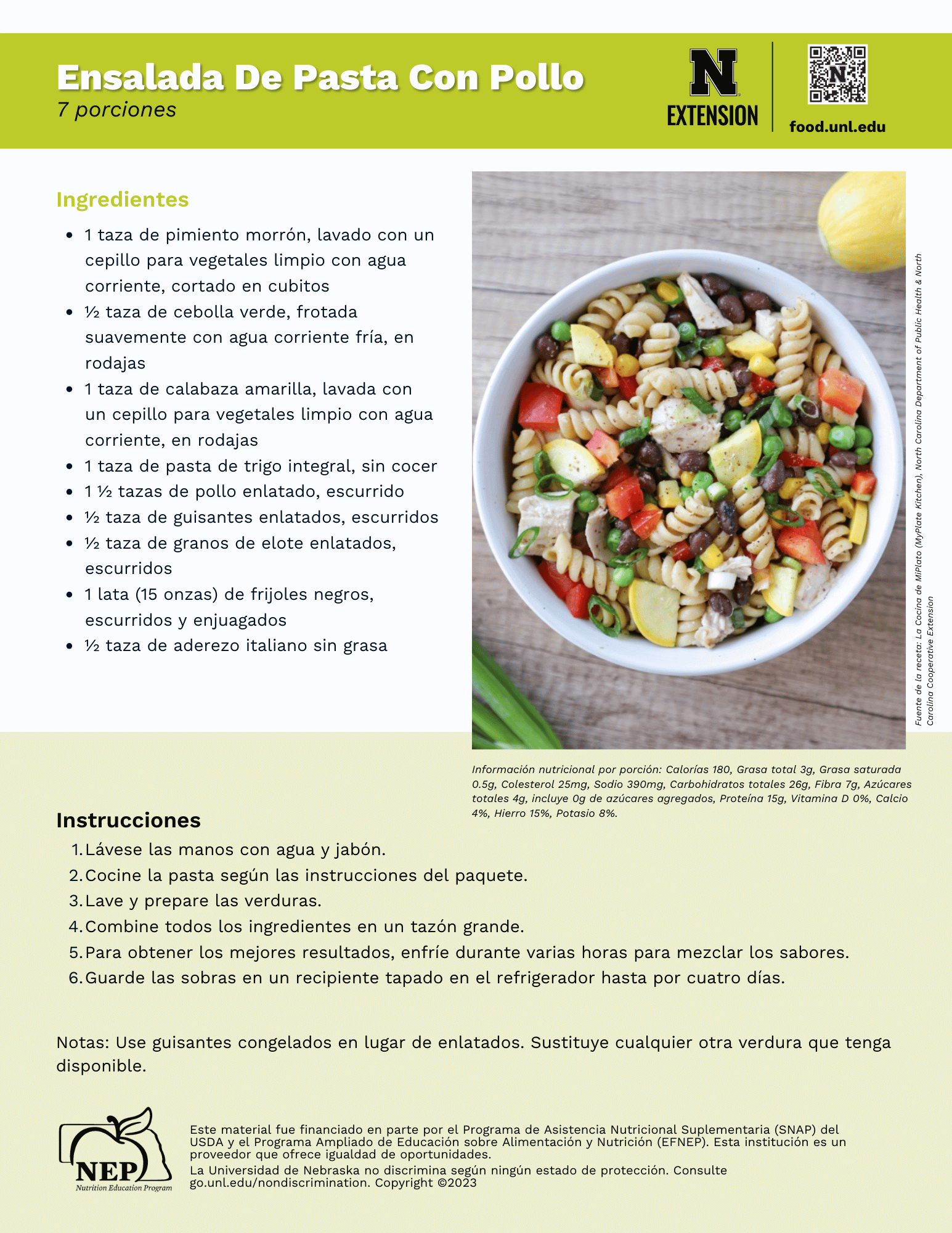 Chicken Pasta Salad Recipe Handout - Spanish
