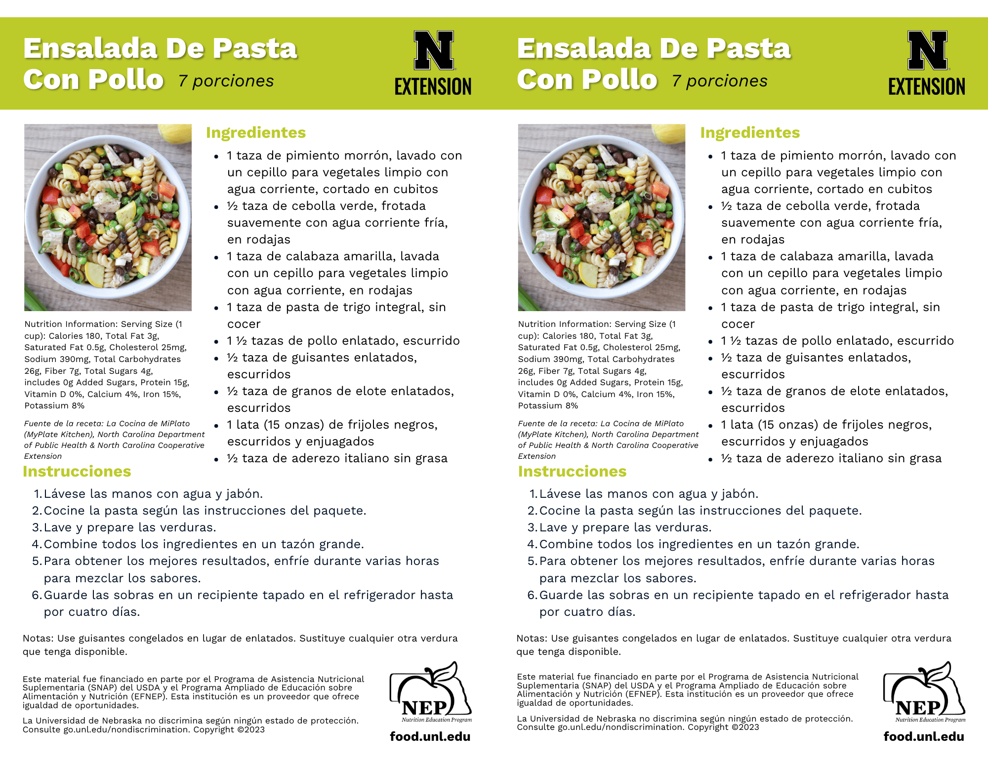 Chicken Pasta Salad Recipe Handouts - Spanish