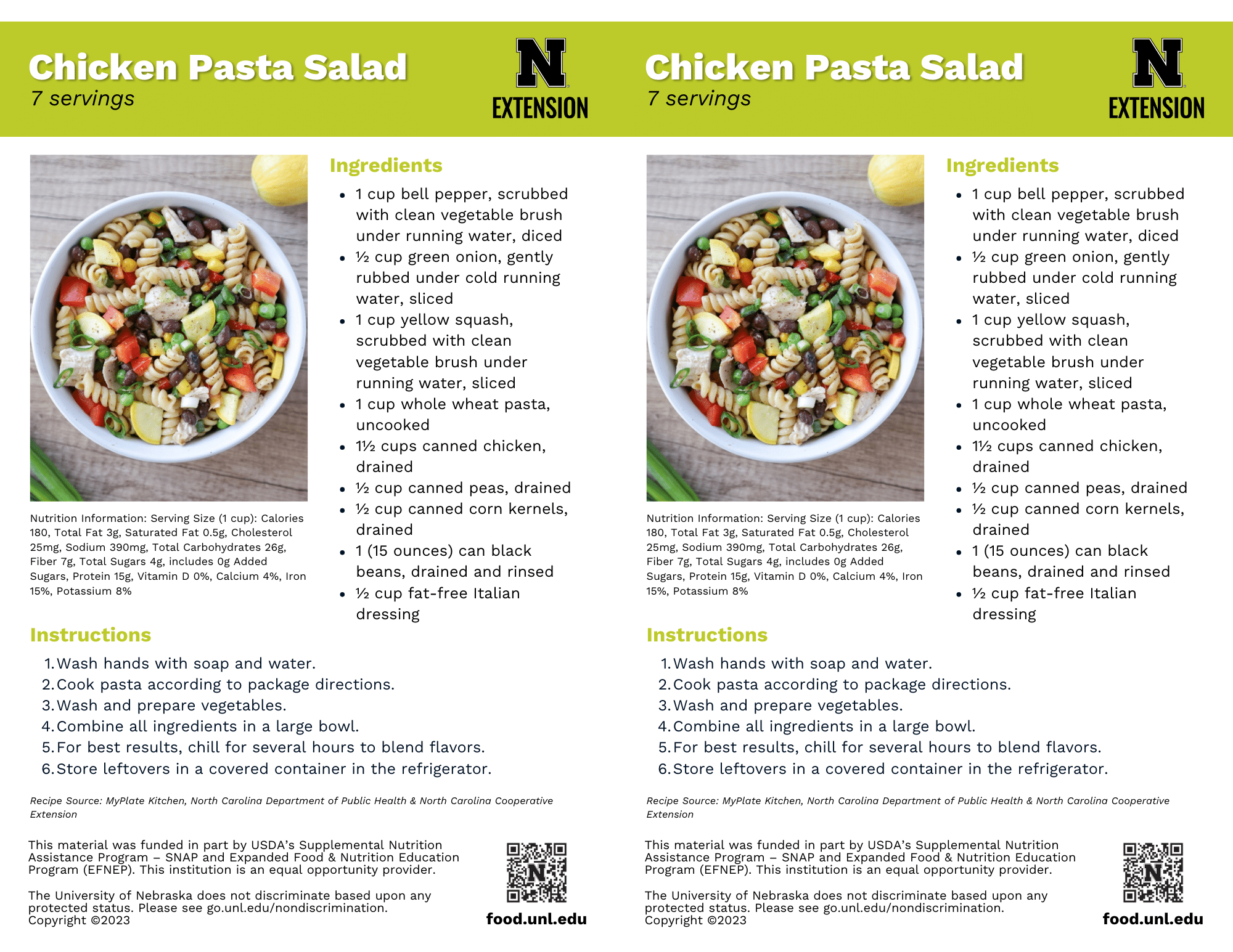 Chicken Pasta Salad Recipe Handouts
