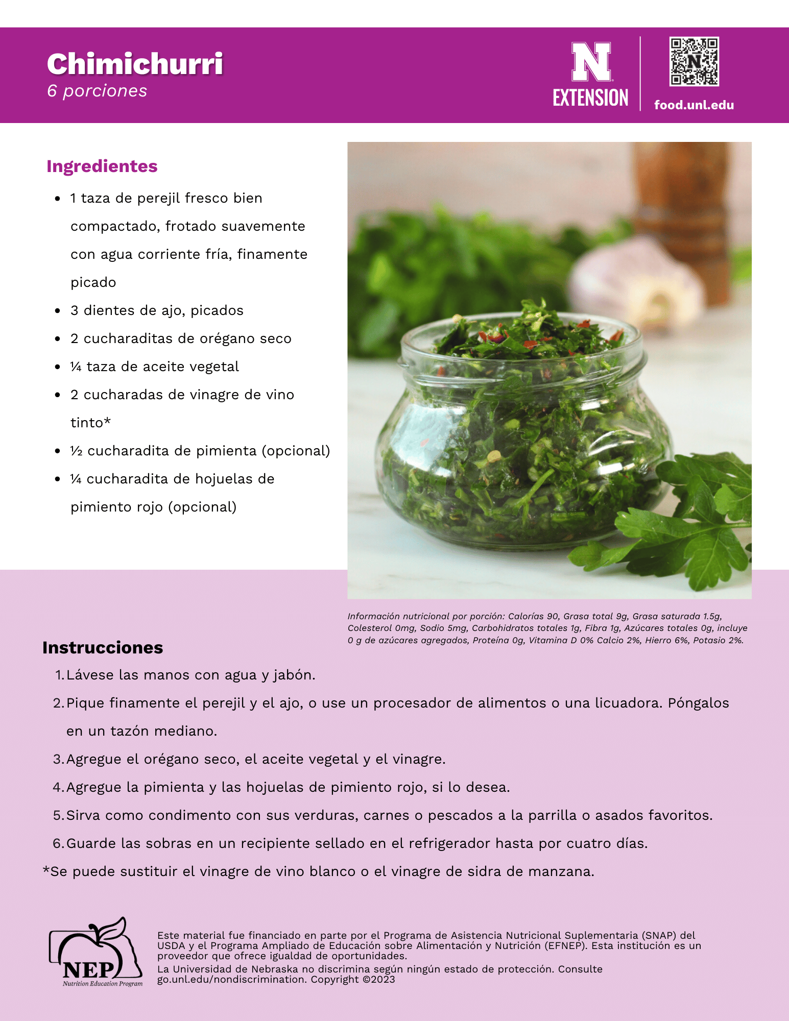 Chimichurri Recipe Handout - Spanish