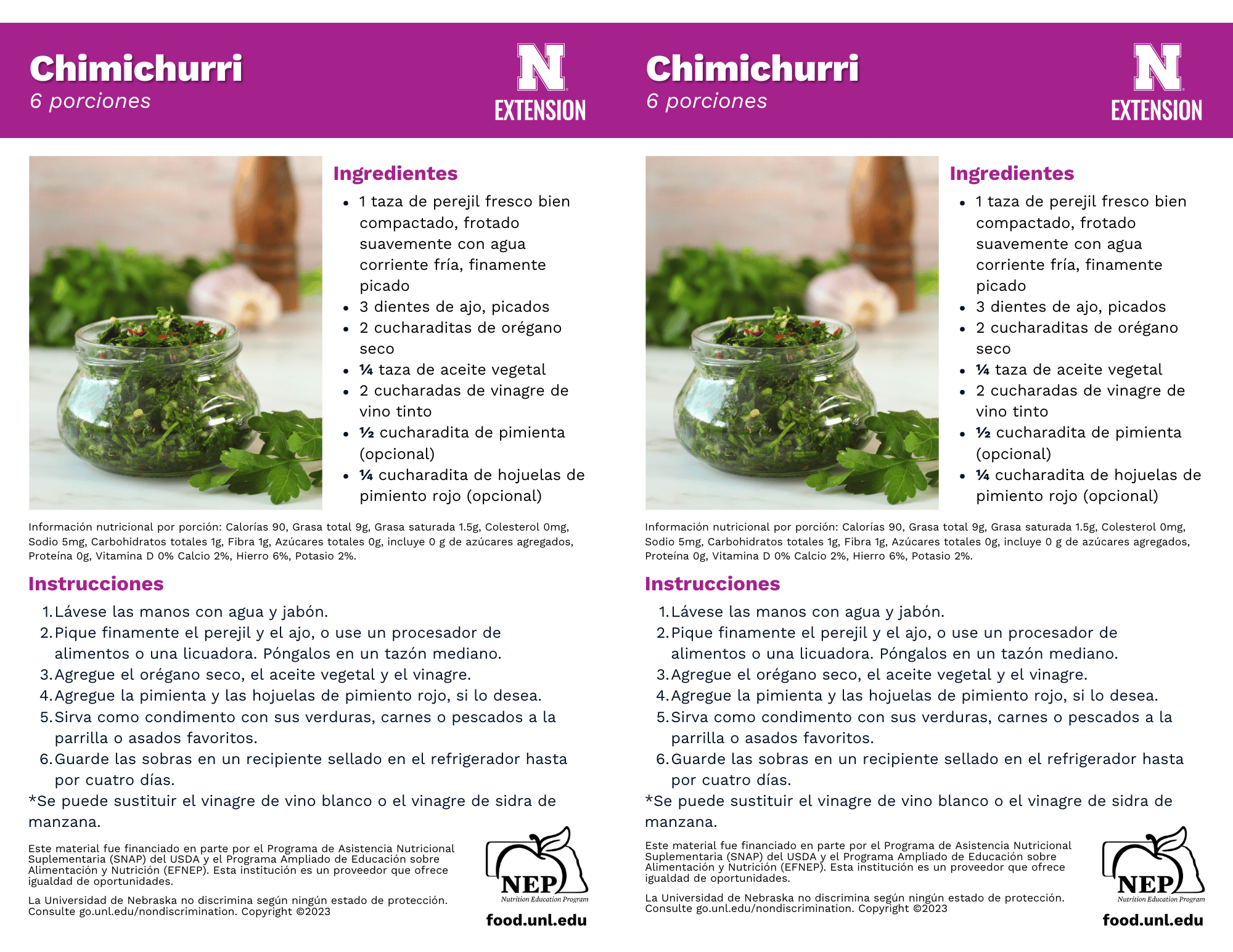 Chimichurri Recipe Handouts - Spanish