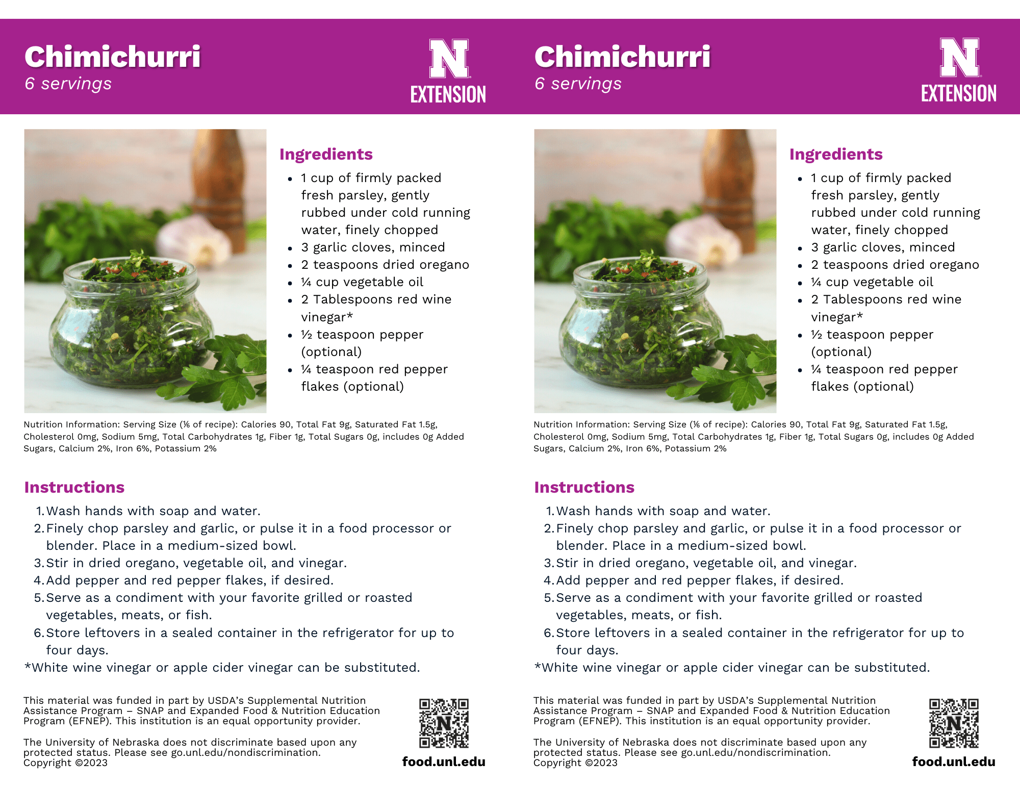 Chimichurri Recipe Handouts